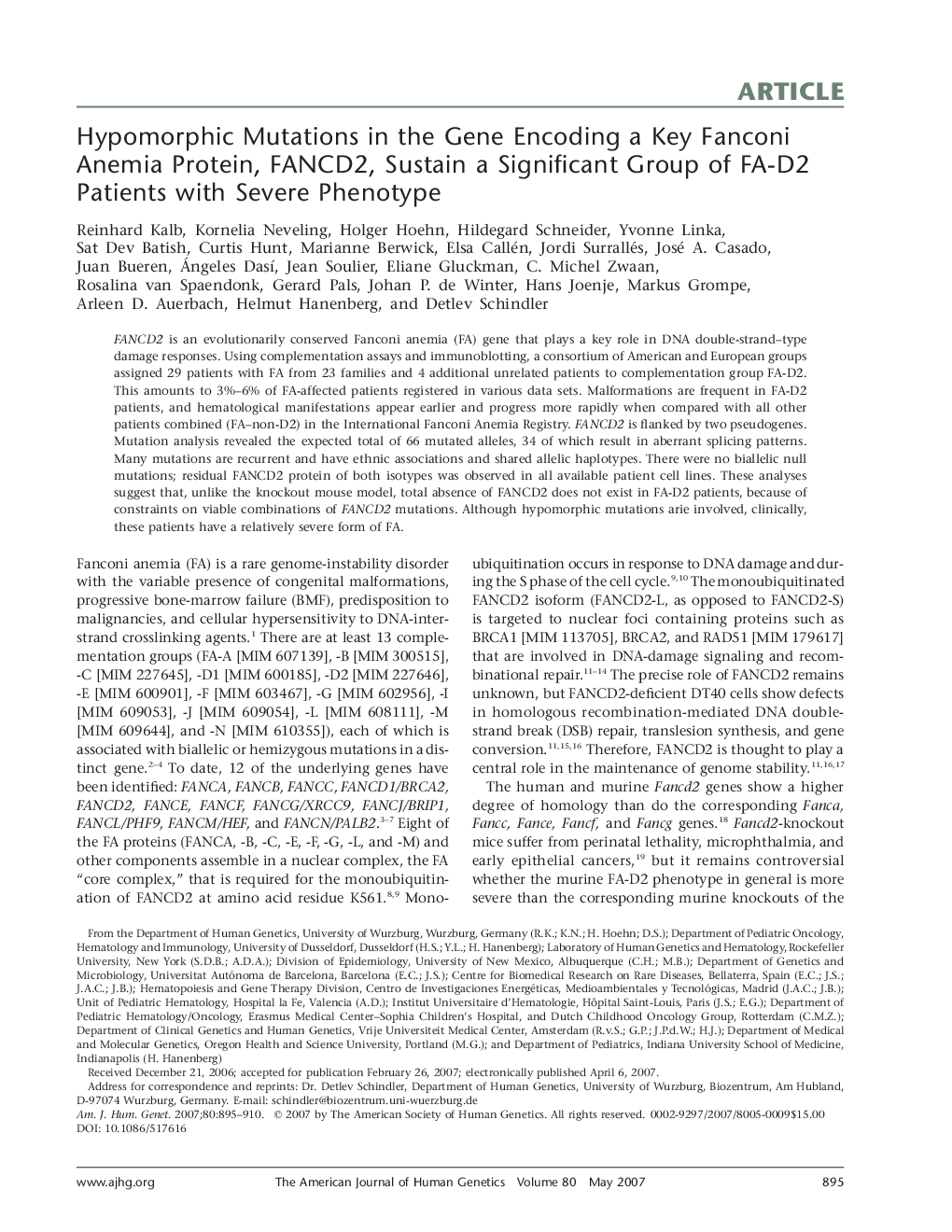 Hypomorphic Mutations in the Gene Encoding a Key Fanconi Anemia Protein, FANCD2, Sustain a Significant Group of FA-D2 Patients with Severe Phenotype