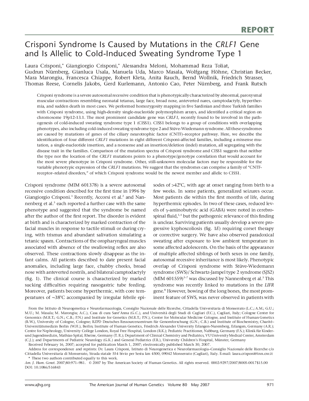 Crisponi Syndrome Is Caused by Mutations in the CRLF1 Gene and Is Allelic to Cold-Induced Sweating Syndrome Type 1