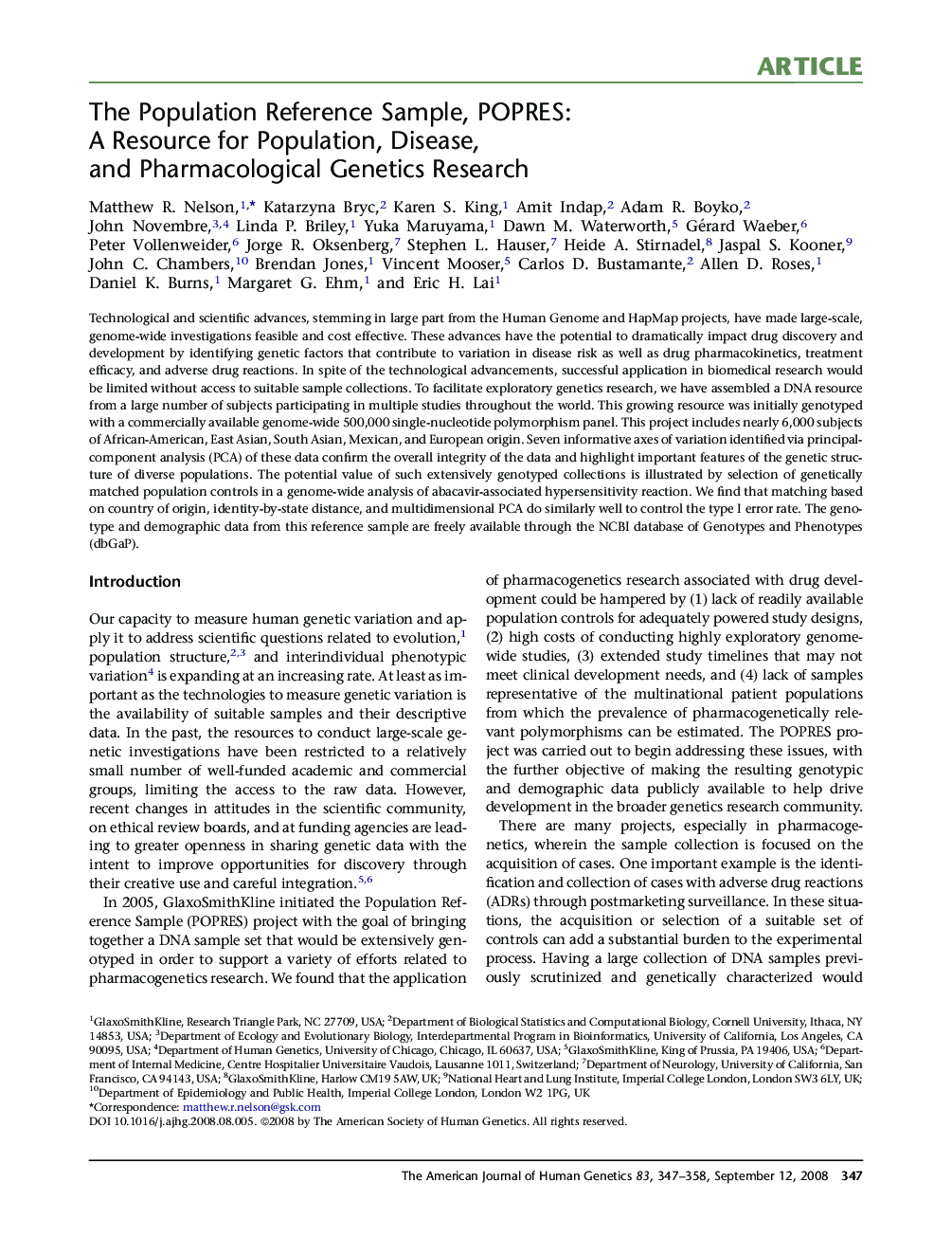 The Population Reference Sample, POPRES: A Resource for Population, Disease, and Pharmacological Genetics Research