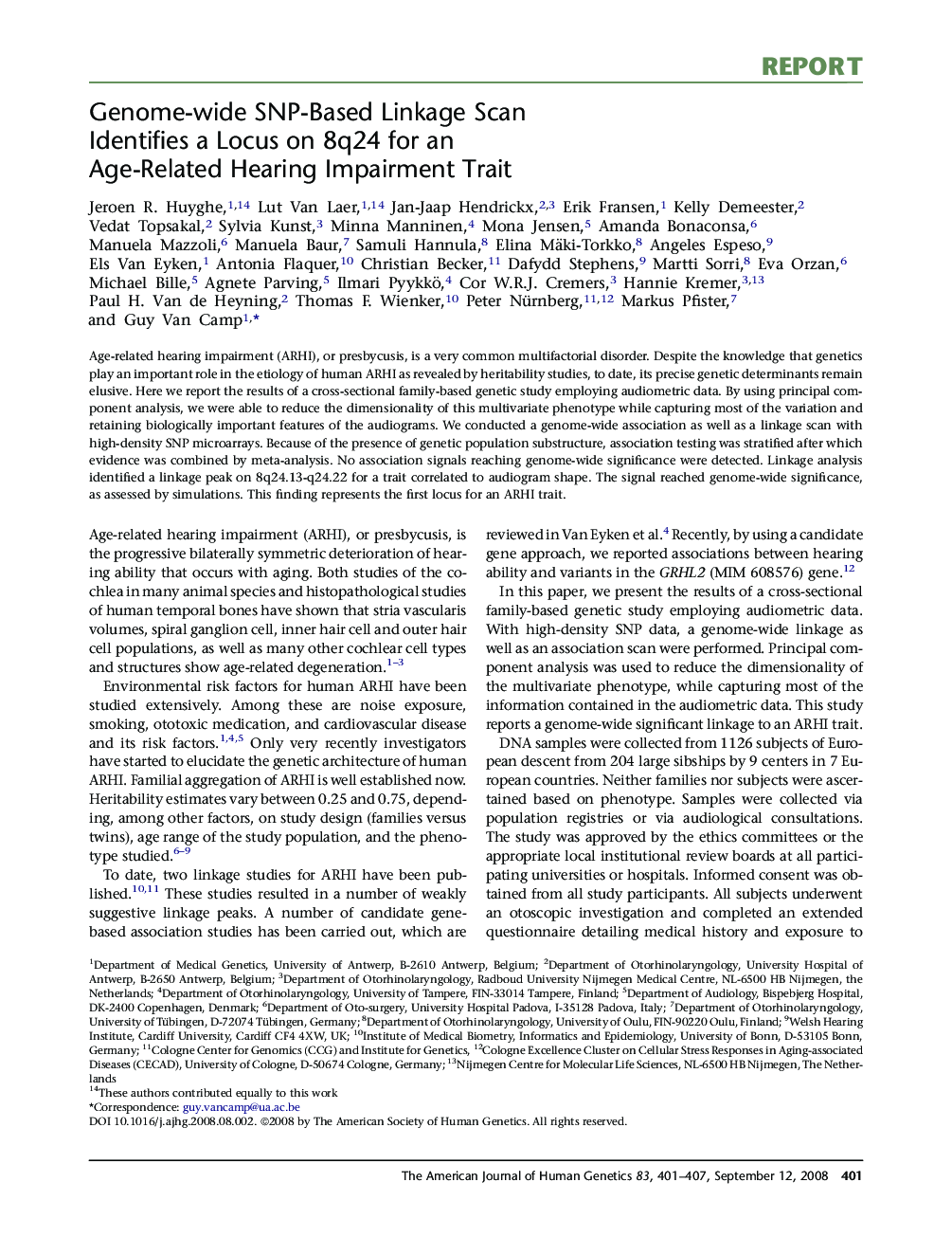 Genome-wide SNP-Based Linkage Scan Identifies a Locus on 8q24 for an Age-Related Hearing Impairment Trait