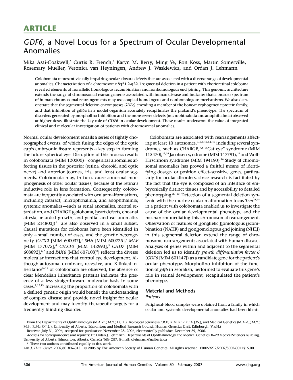 GDF6, a Novel Locus for a Spectrum of Ocular Developmental Anomalies