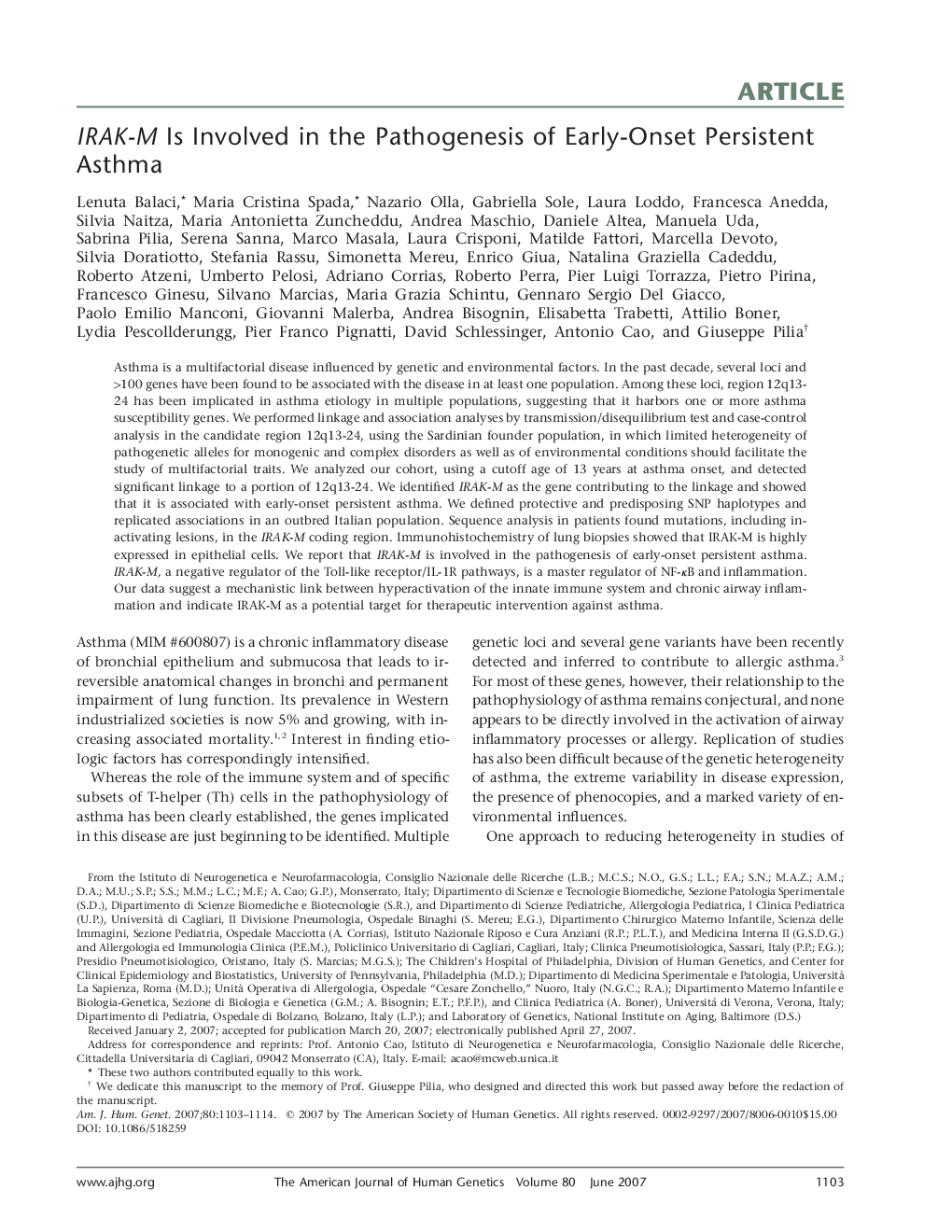 IRAK-M Is Involved in the Pathogenesis of Early-Onset Persistent Asthma