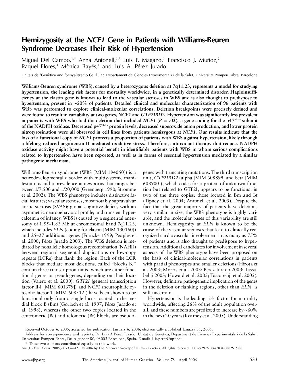 Hemizygosity at the NCF1 Gene in Patients with Williams-Beuren Syndrome Decreases Their Risk of Hypertension