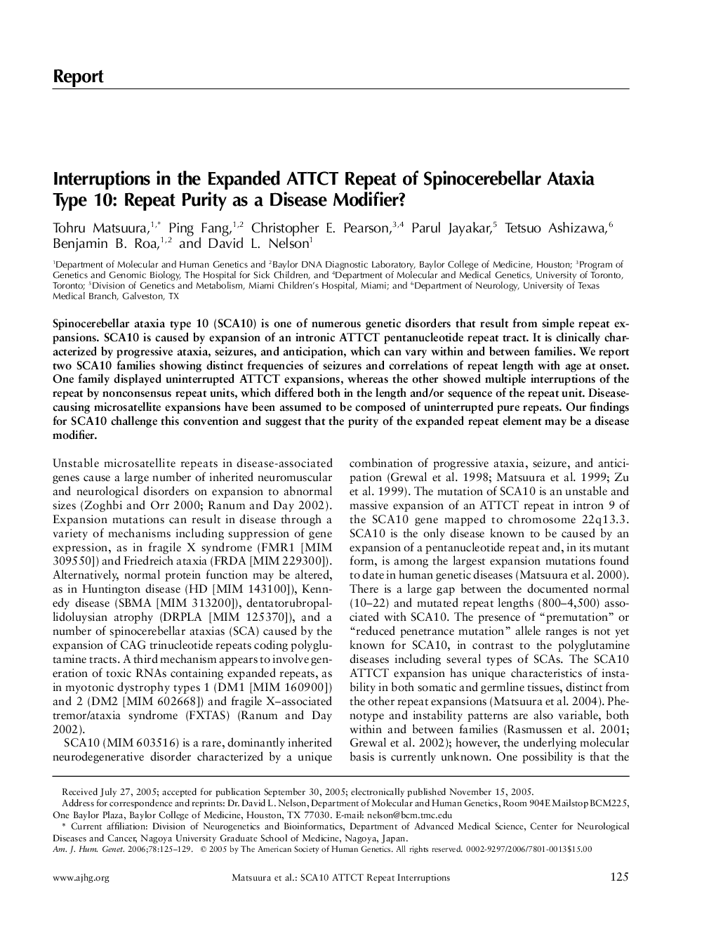 Interruptions in the Expanded ATTCT Repeat of Spinocerebellar Ataxia Type 10: Repeat Purity as a Disease Modifier?