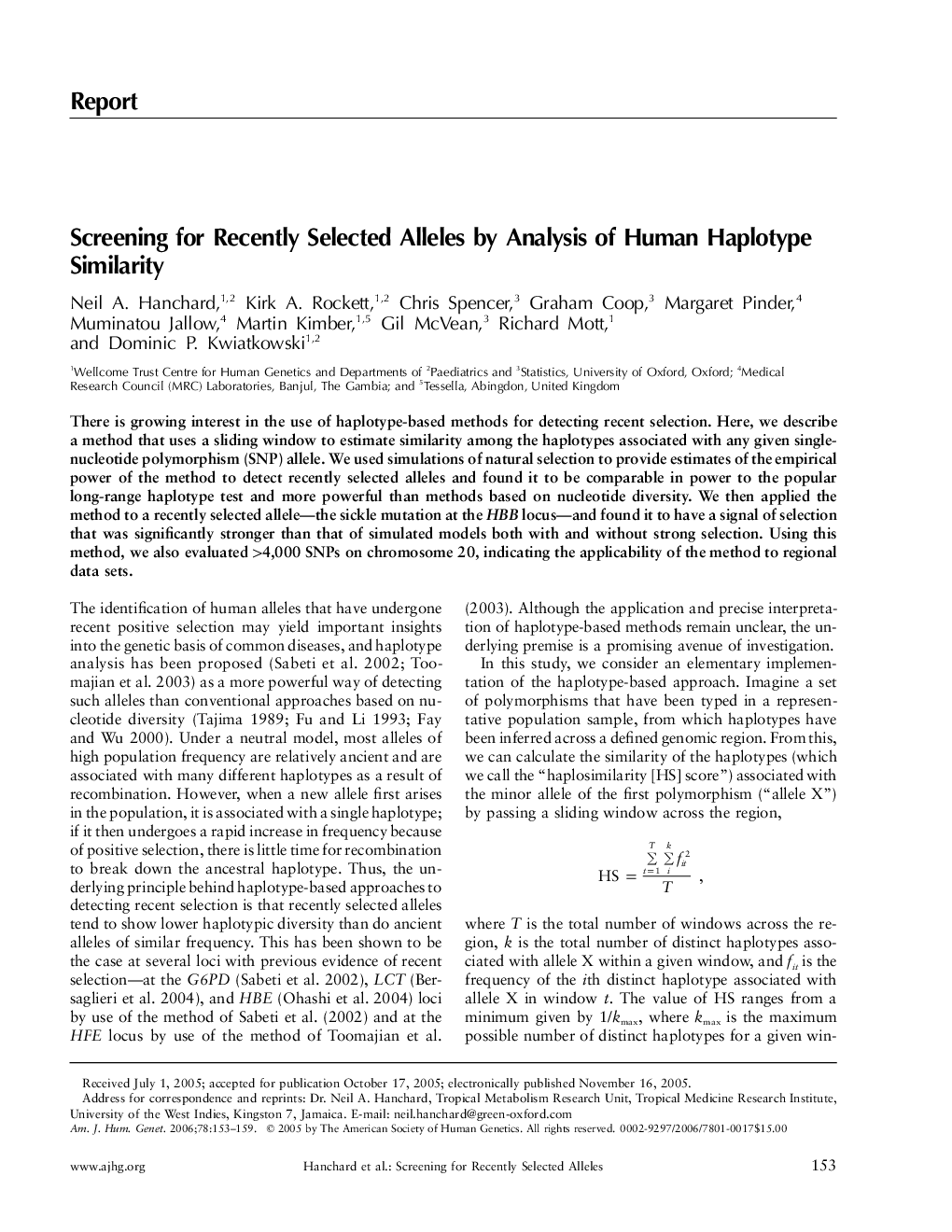 Screening for Recently Selected Alleles by Analysis of Human Haplotype Similarity