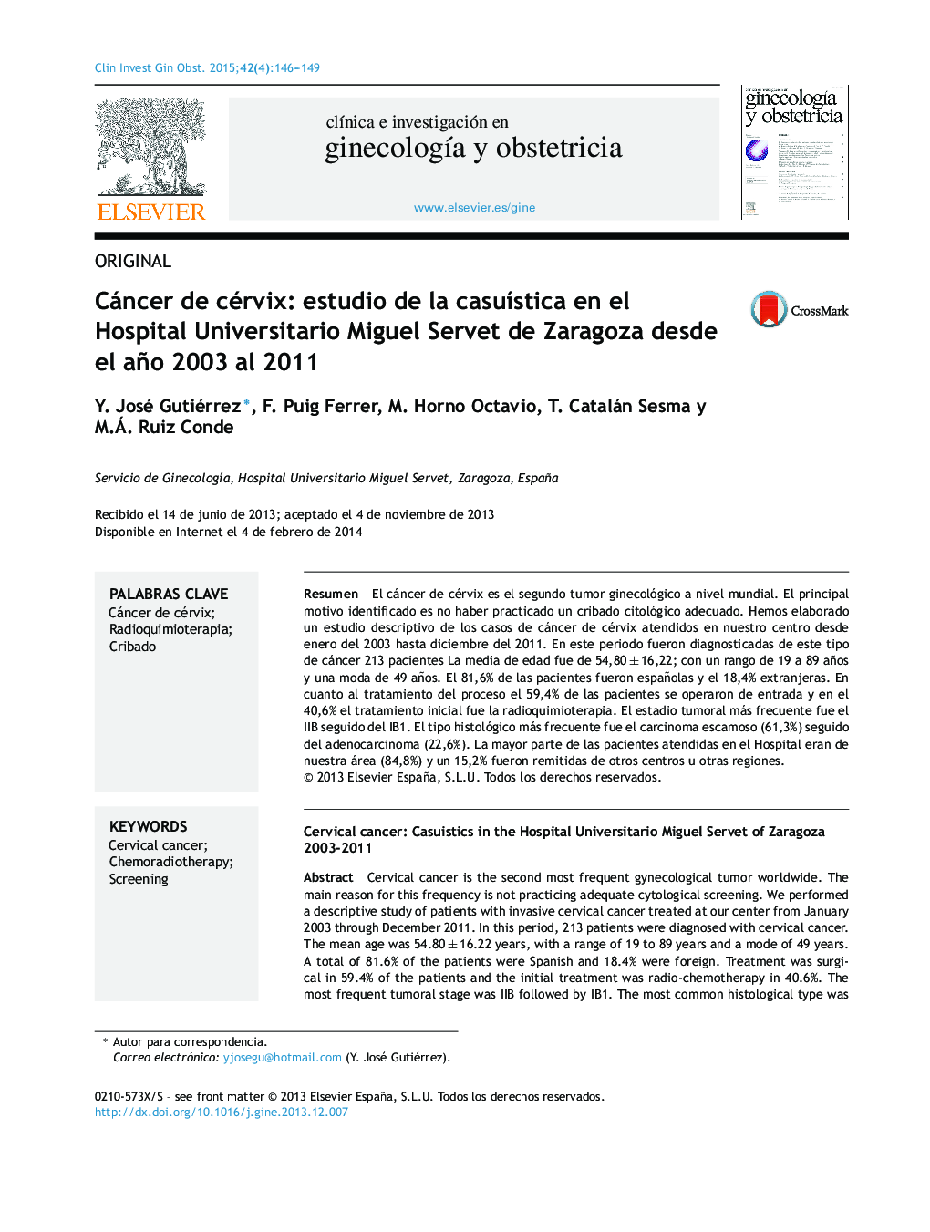 Cáncer de cérvix: estudio de la casuística en el Hospital Universitario Miguel Servet de Zaragoza desde el año 2003 al 2011