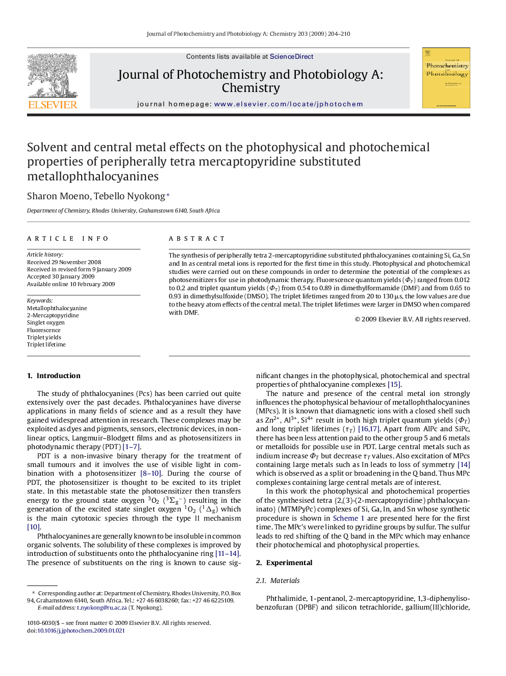 Solvent and central metal effects on the photophysical and photochemical properties of peripherally tetra mercaptopyridine substituted metallophthalocyanines