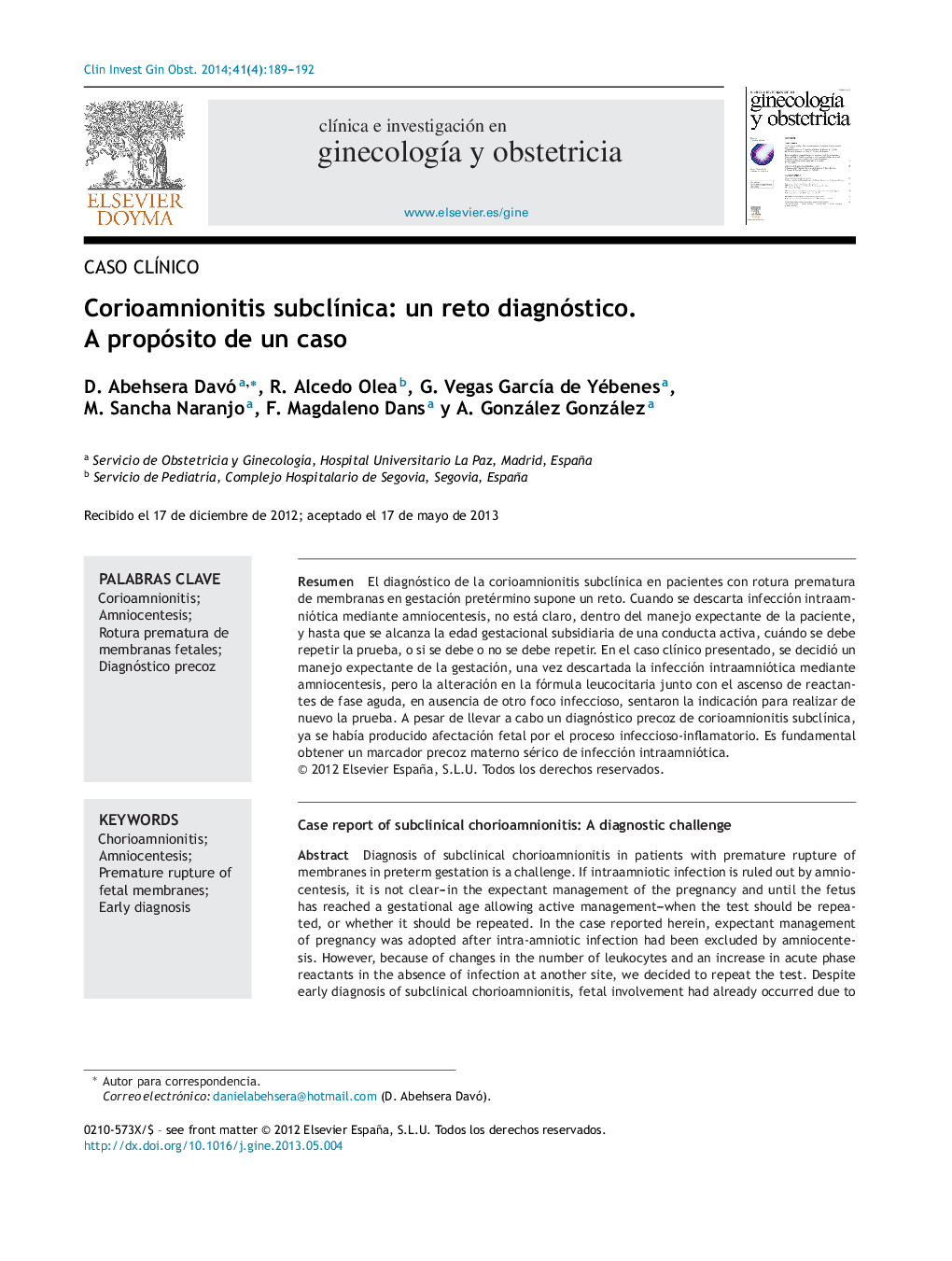 Corioamnionitis subclÃ­nica: un reto diagnóstico. A propósito de un caso