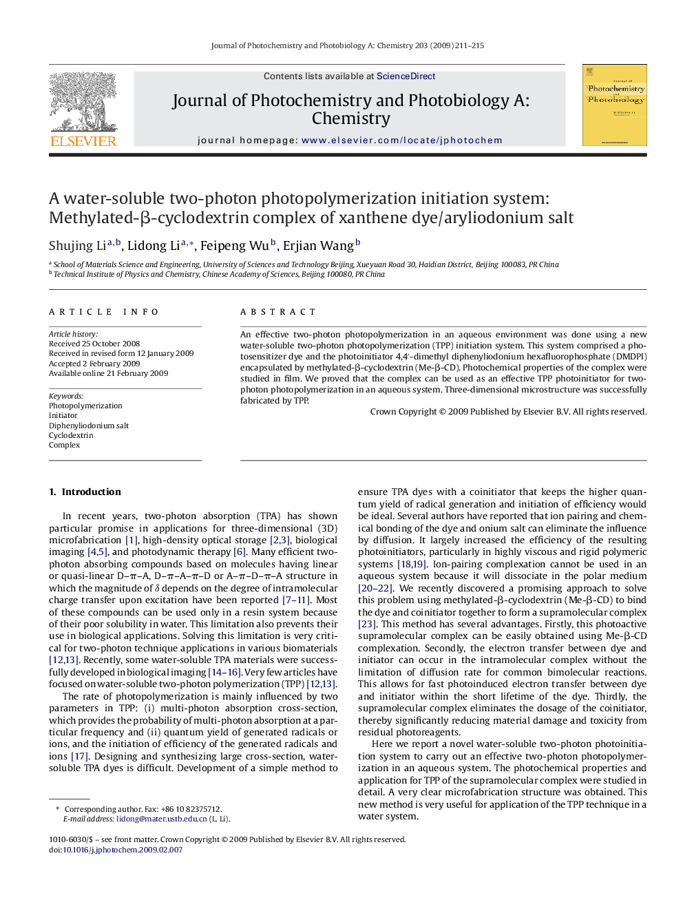 A water-soluble two-photon photopolymerization initiation system: Methylated-β-cyclodextrin complex of xanthene dye/aryliodonium salt