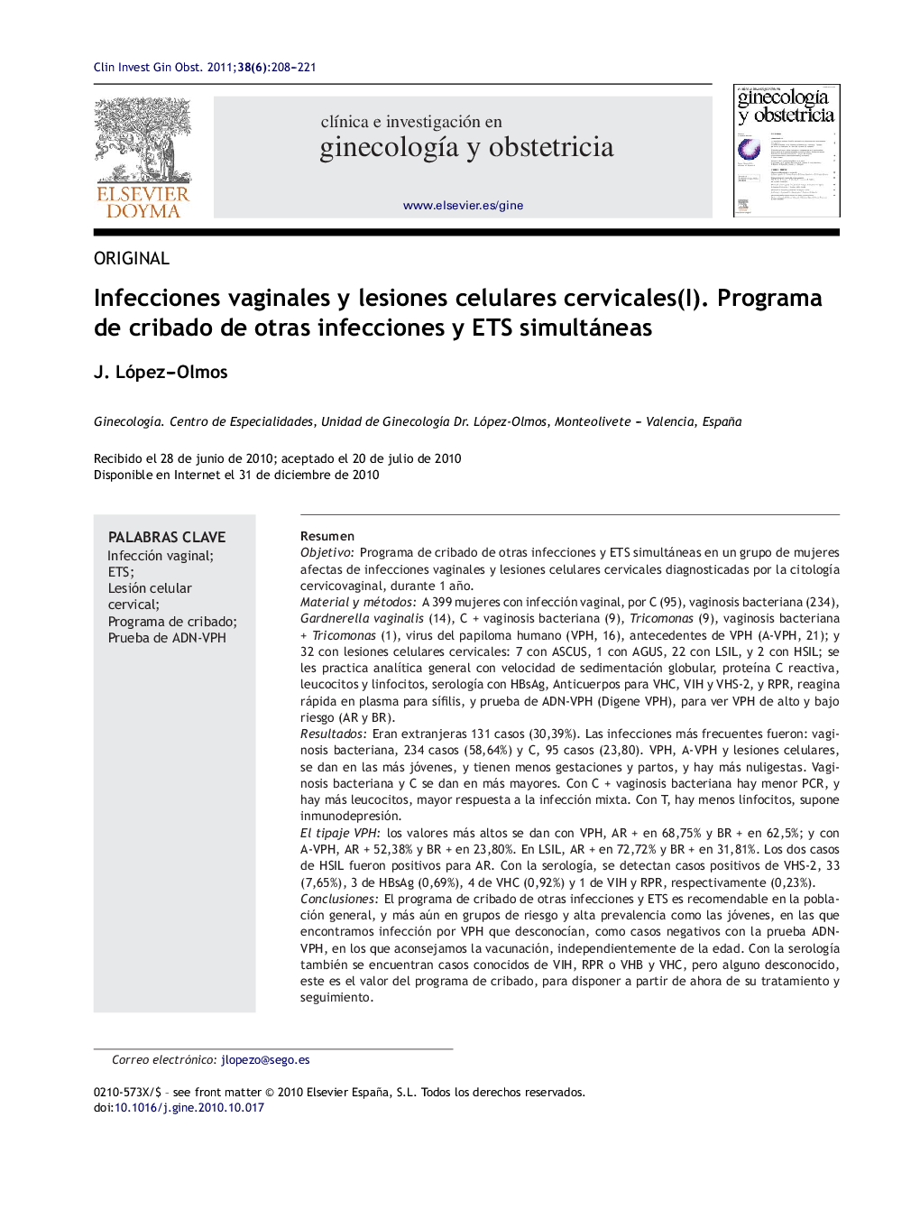 Infecciones vaginales y lesiones celulares cervicales(I). Programa de cribado de otras infecciones y ETS simultáneas