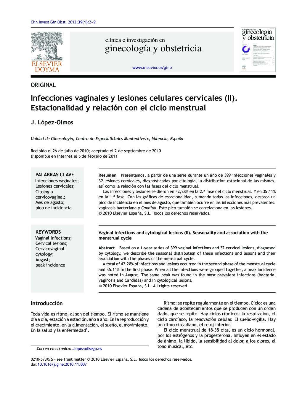 Infecciones vaginales y lesiones celulares cervicales (II). Estacionalidad y relación con el ciclo menstrual