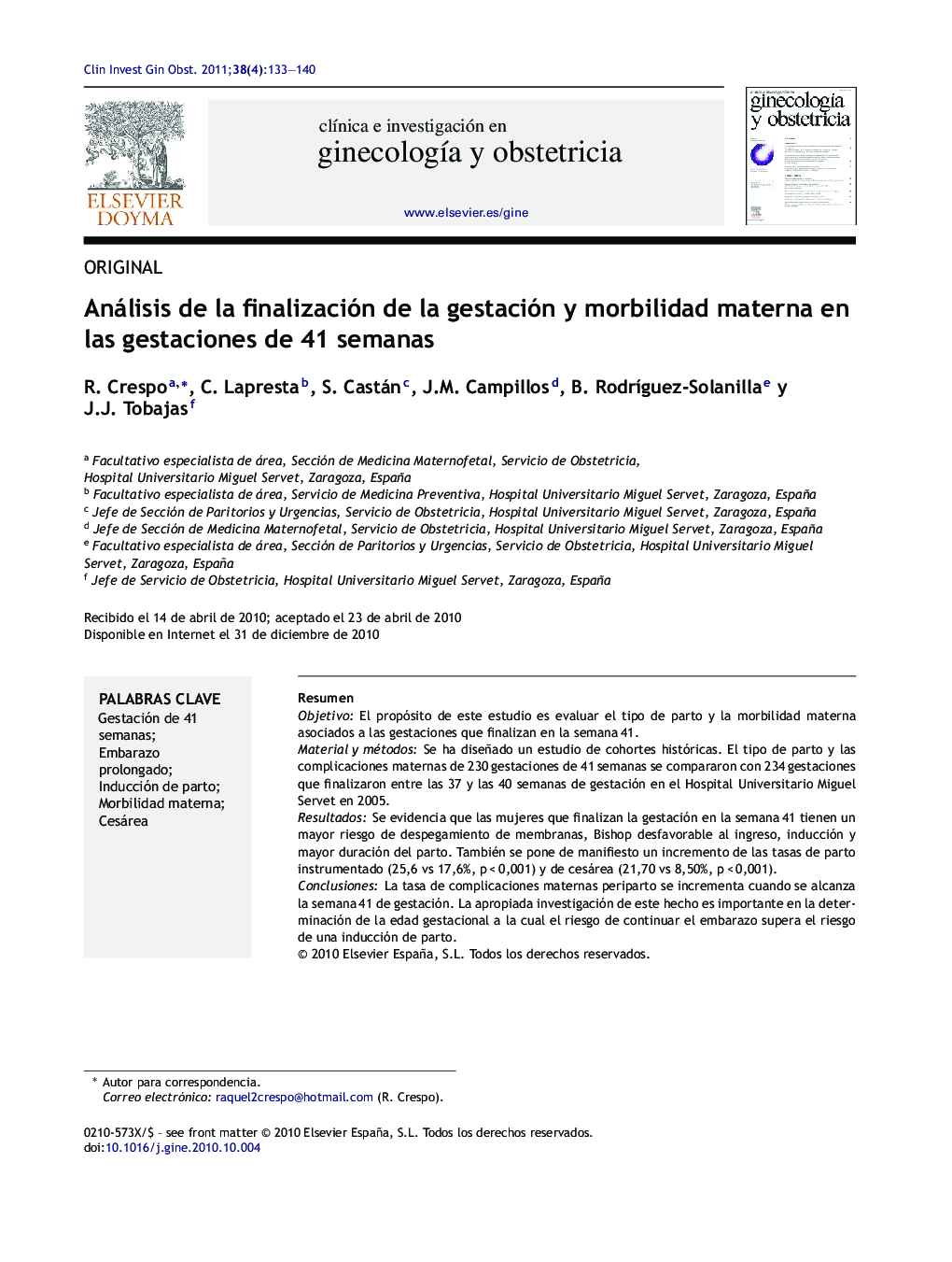 Análisis de la finalización de la gestación y morbilidad materna en las gestaciones de 41 semanas