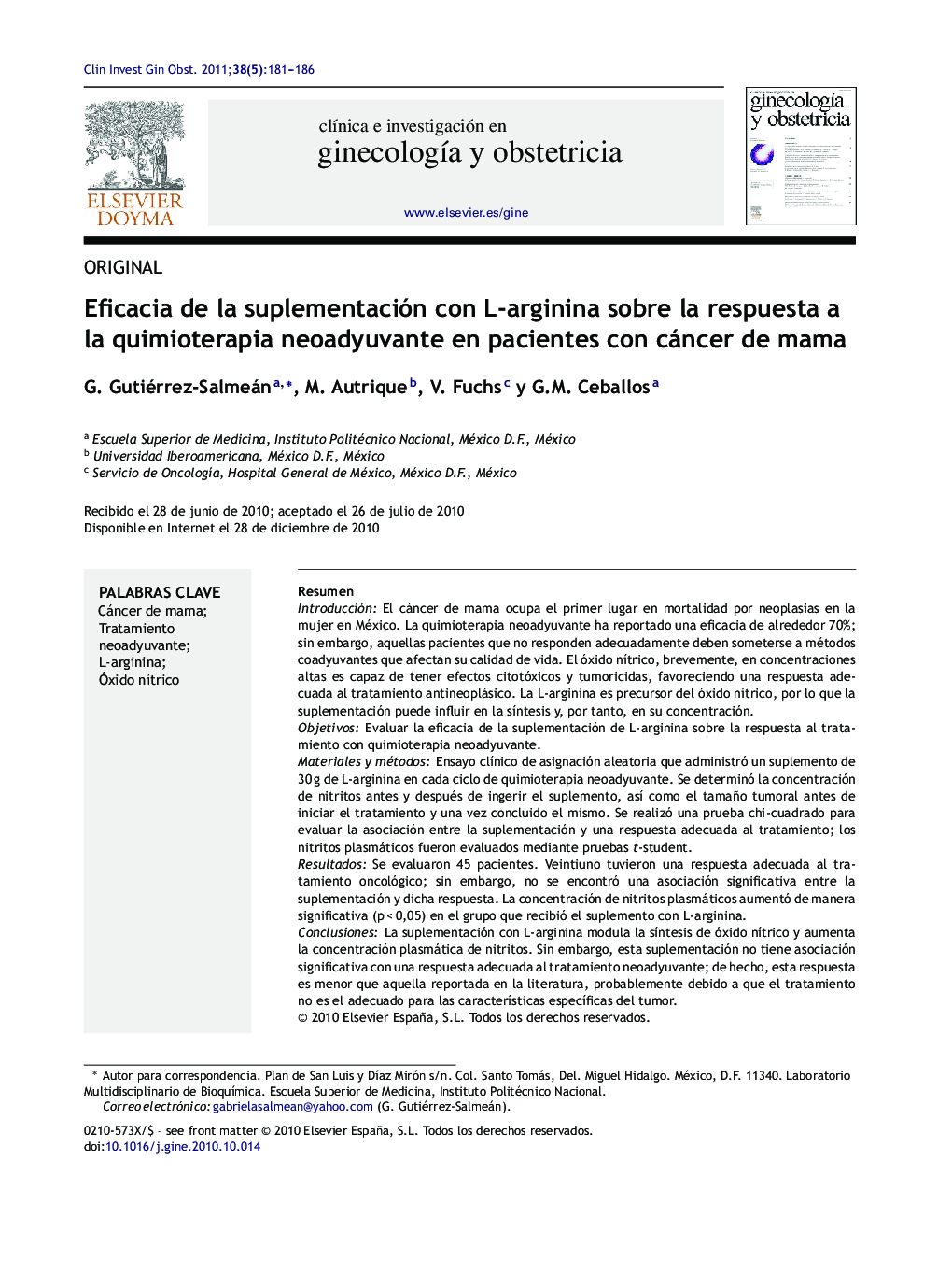 Eficacia de la suplementación con L-arginina sobre la respuesta a la quimioterapia neoadyuvante en pacientes con cáncer de mama