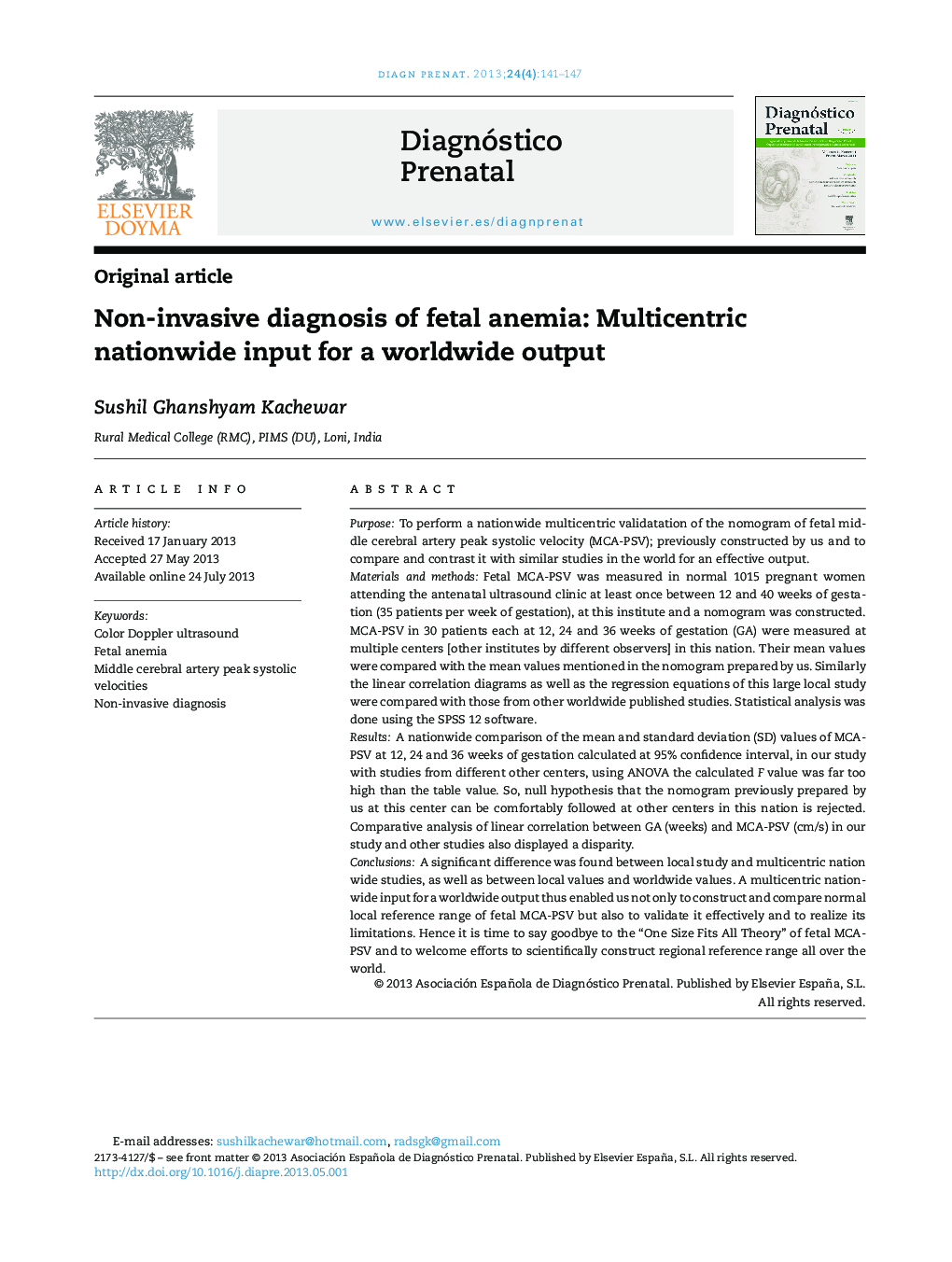 Non-invasive diagnosis of fetal anemia: Multicentric nationwide input for a worldwide output