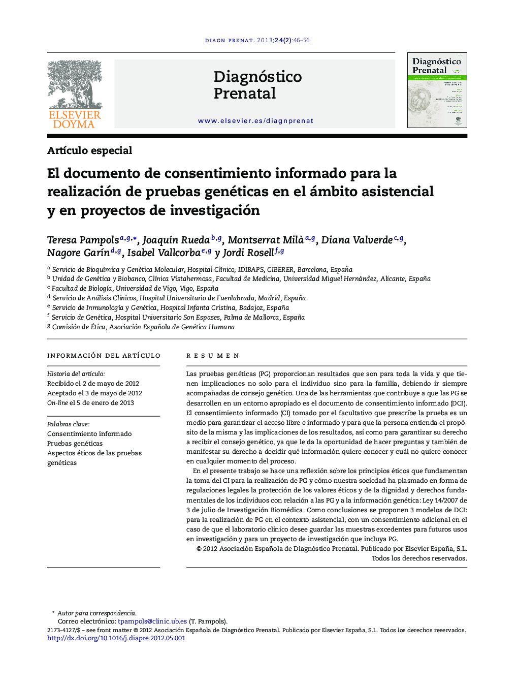 El documento de consentimiento informado para la realización de pruebas genéticas en el ámbito asistencial y en proyectos de investigación