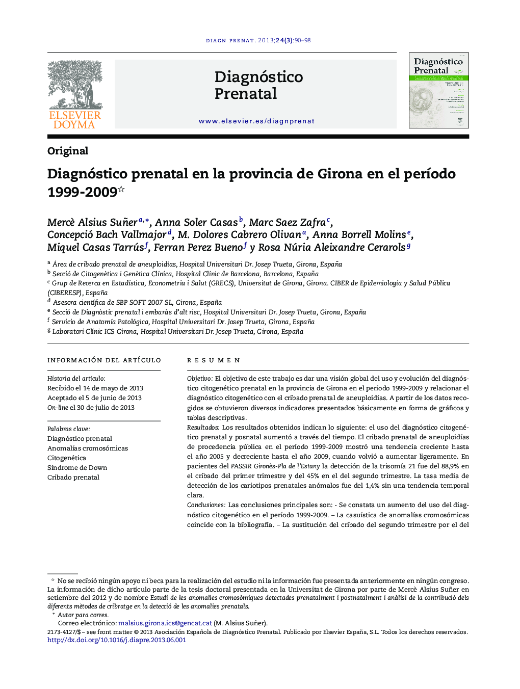 Diagnóstico prenatal en la provincia de Girona en el perÃ­odo 1999-2009