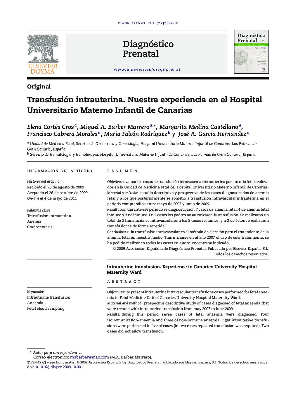 Transfusión intrauterina. Nuestra experiencia en el Hospital Universitario Materno Infantil de Canarias