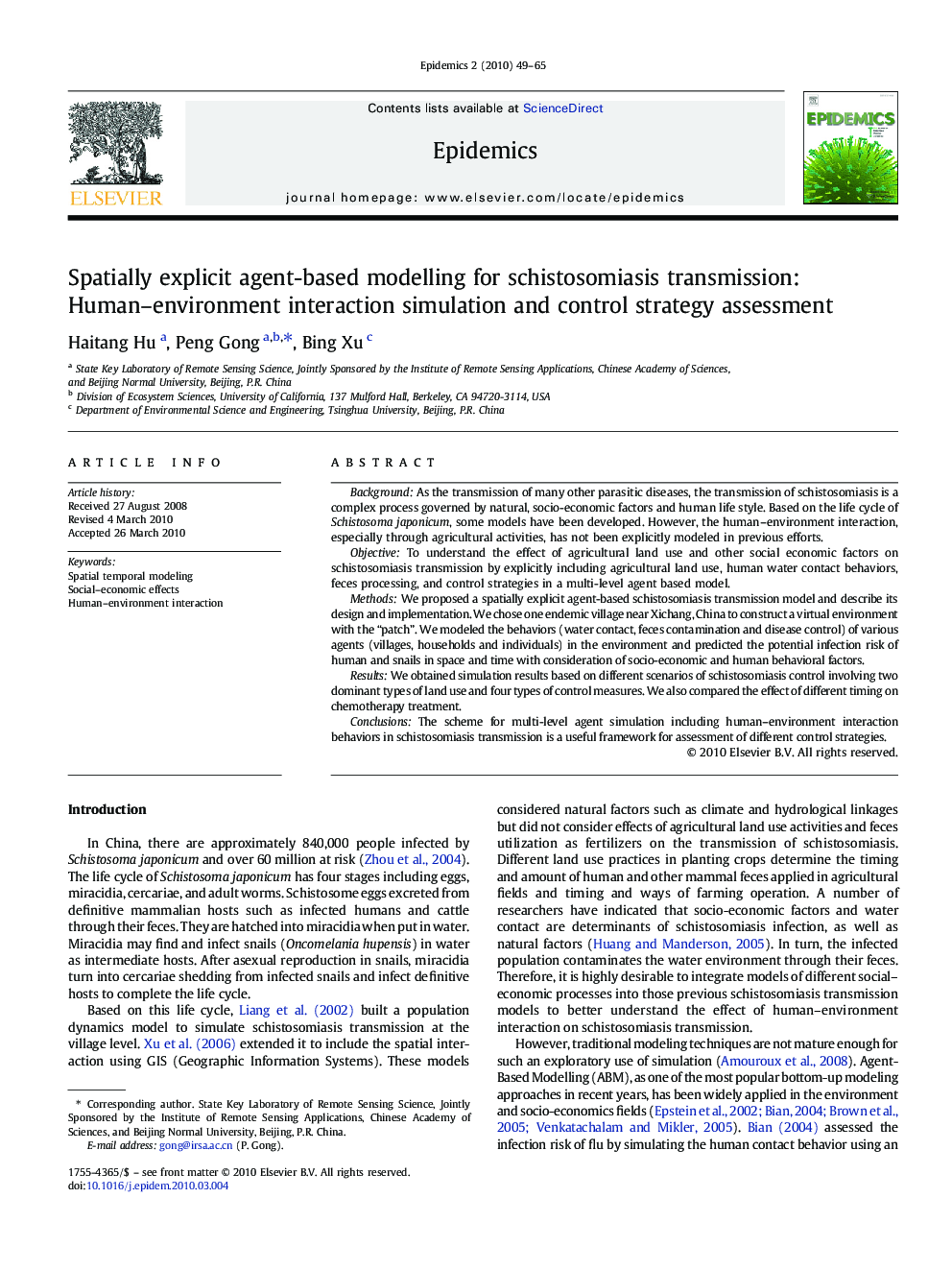 عکس صفحه اول مقاله: Spatially explicit agent-based modelling for schistosomiasis transmission: Human–environment interaction simulation and control strategy assessment Spatially explicit agent-based modelling for schistosomiasis transmission: Human–environment interaction simulation and control strategy assessment