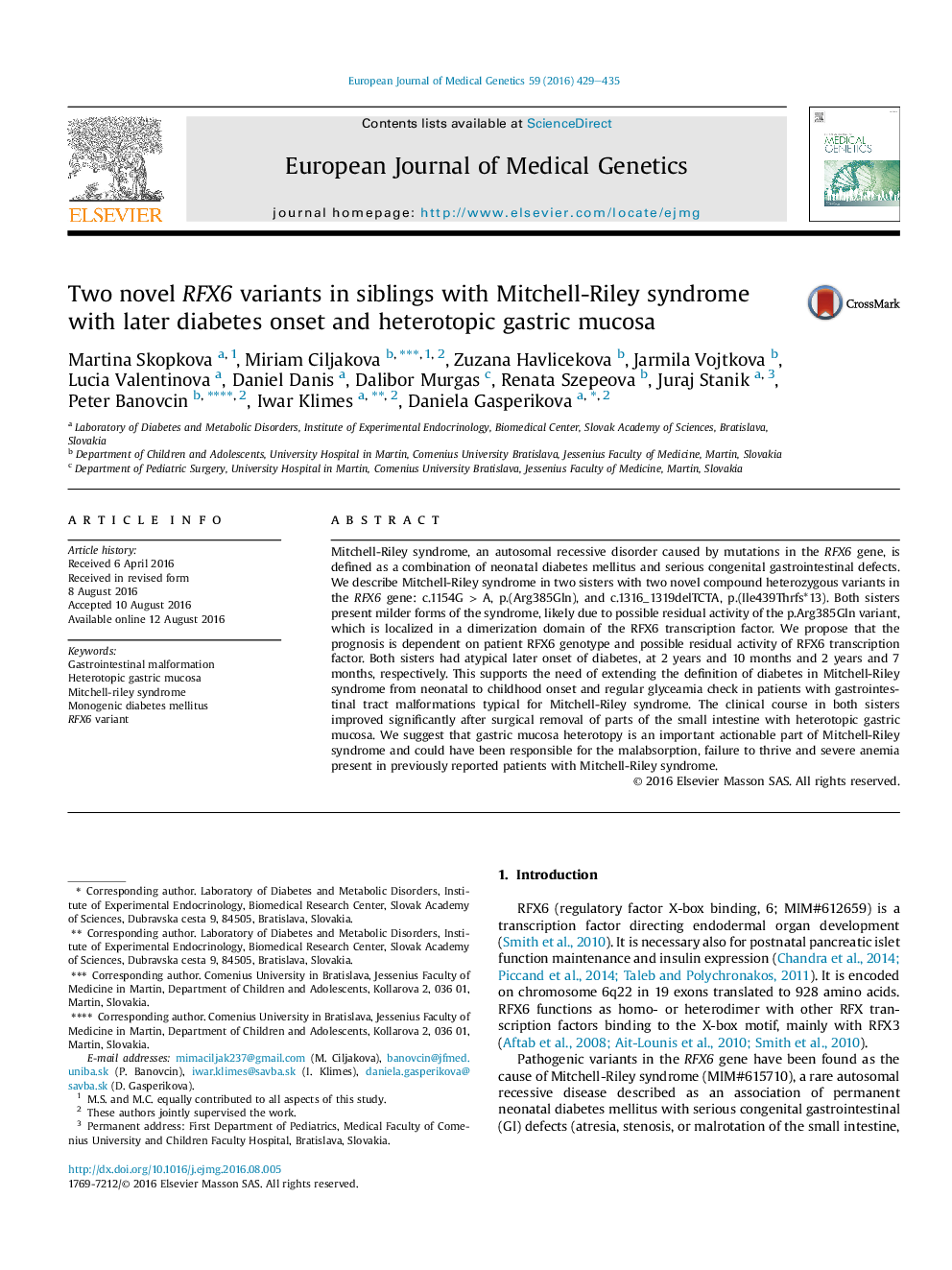 Two novel RFX6 variants in siblings with Mitchell-Riley syndrome with later diabetes onset and heterotopic gastric mucosa