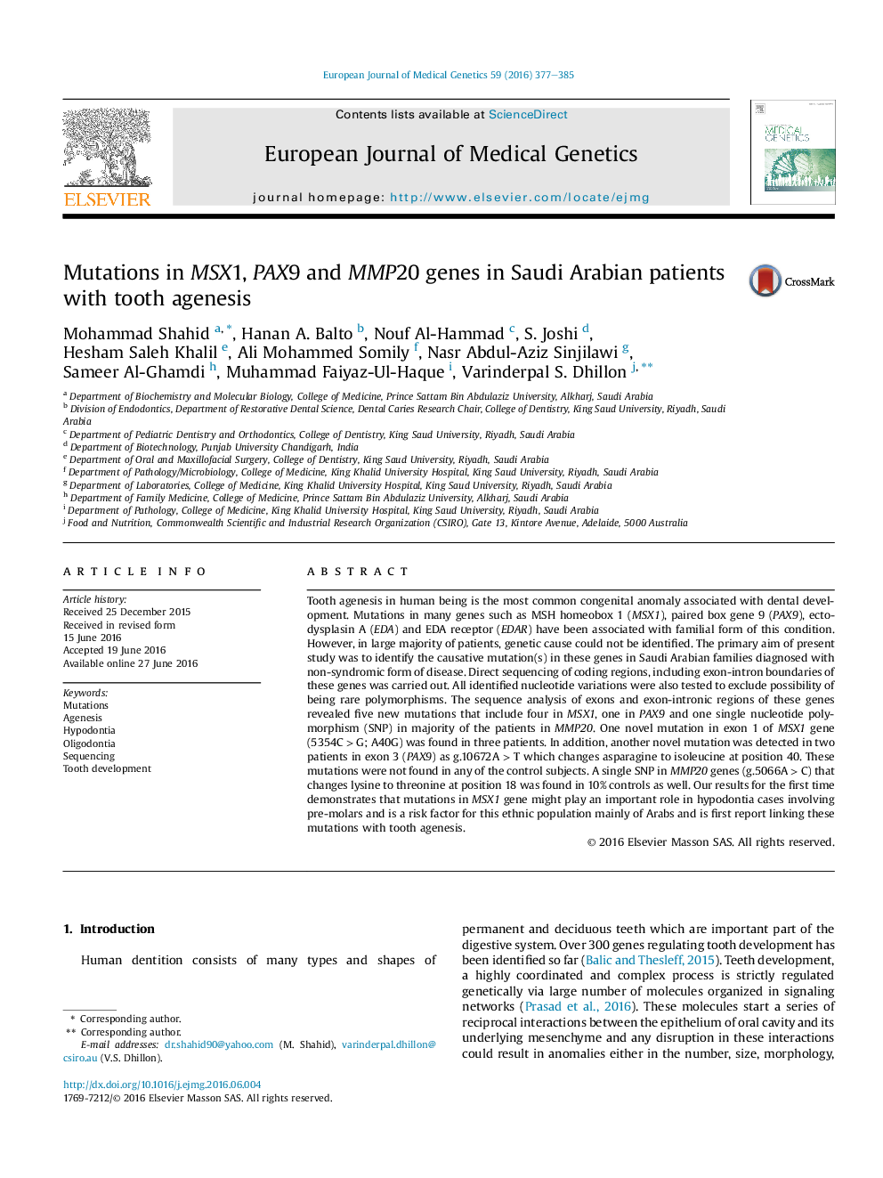 Mutations in MSX1, PAX9 and MMP20 genes in Saudi Arabian patients with tooth agenesis