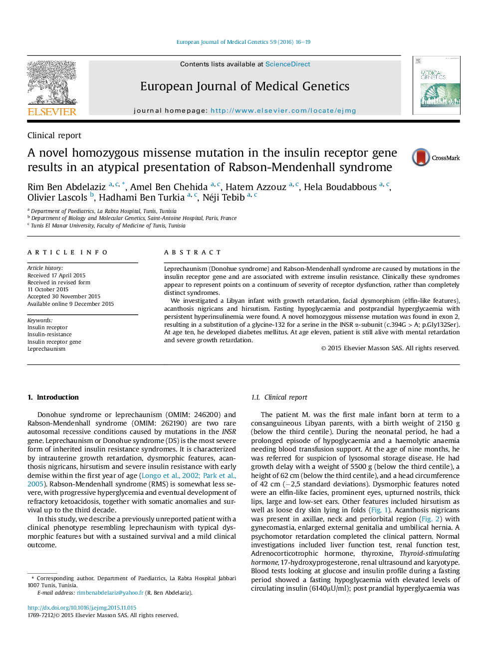 A novel homozygous missense mutation in the insulin receptor gene results in an atypical presentation of Rabson-Mendenhall syndrome