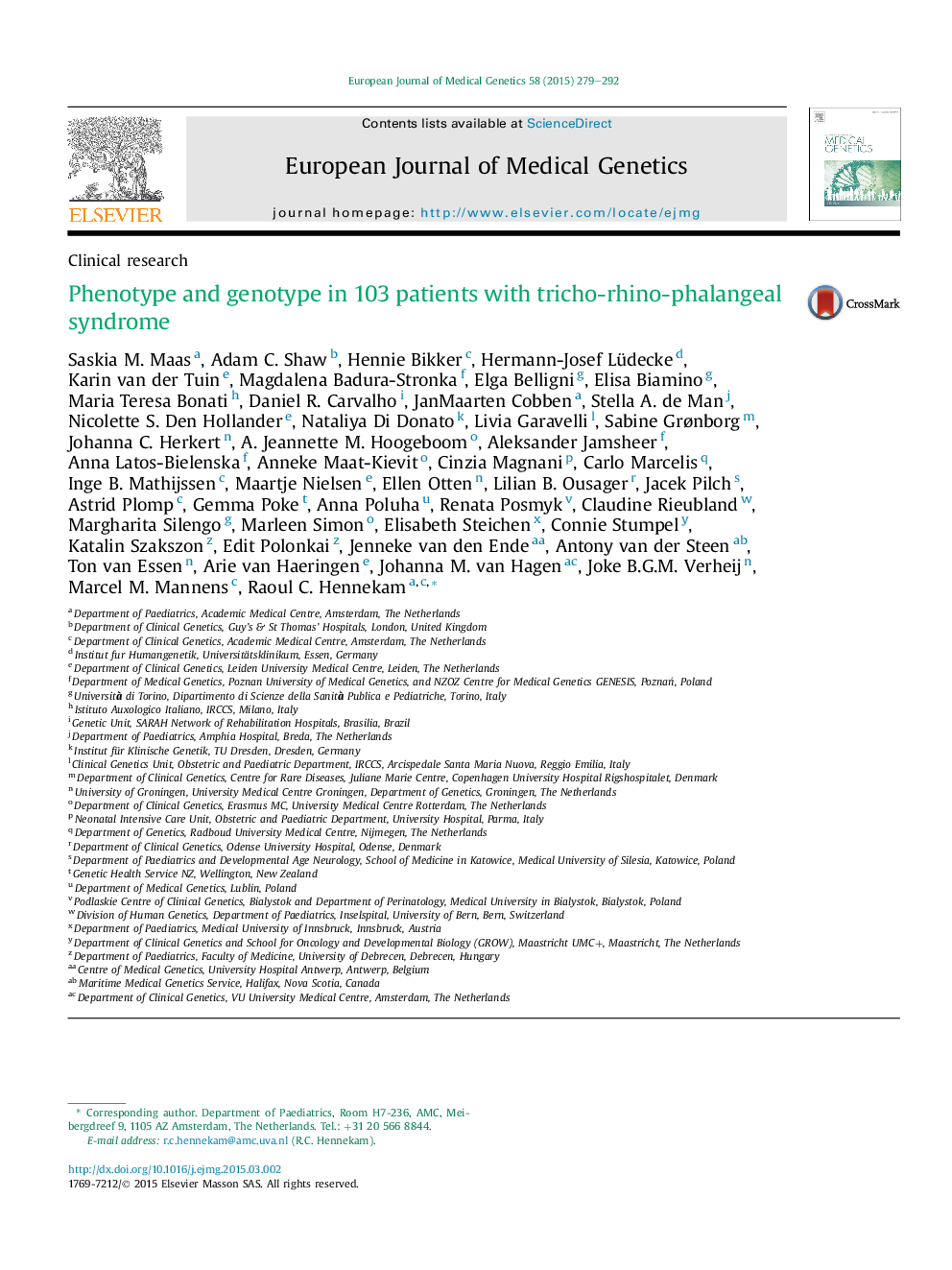 Phenotype and genotype in 103 patients with tricho-rhino-phalangeal syndrome