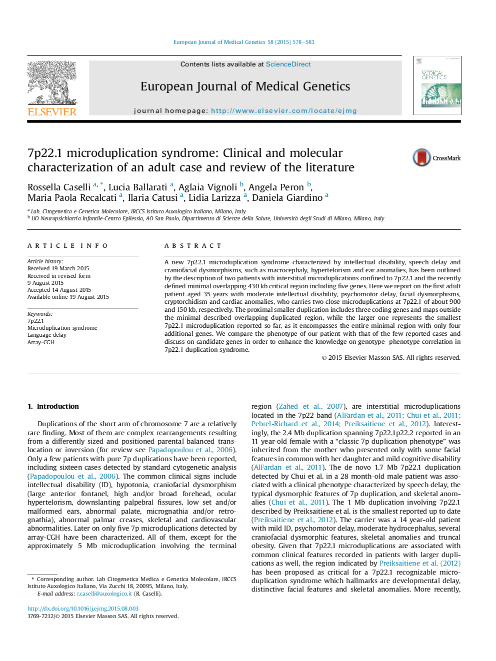 7p22.1 microduplication syndrome: Clinical and molecular characterization of an adult case and review of the literature