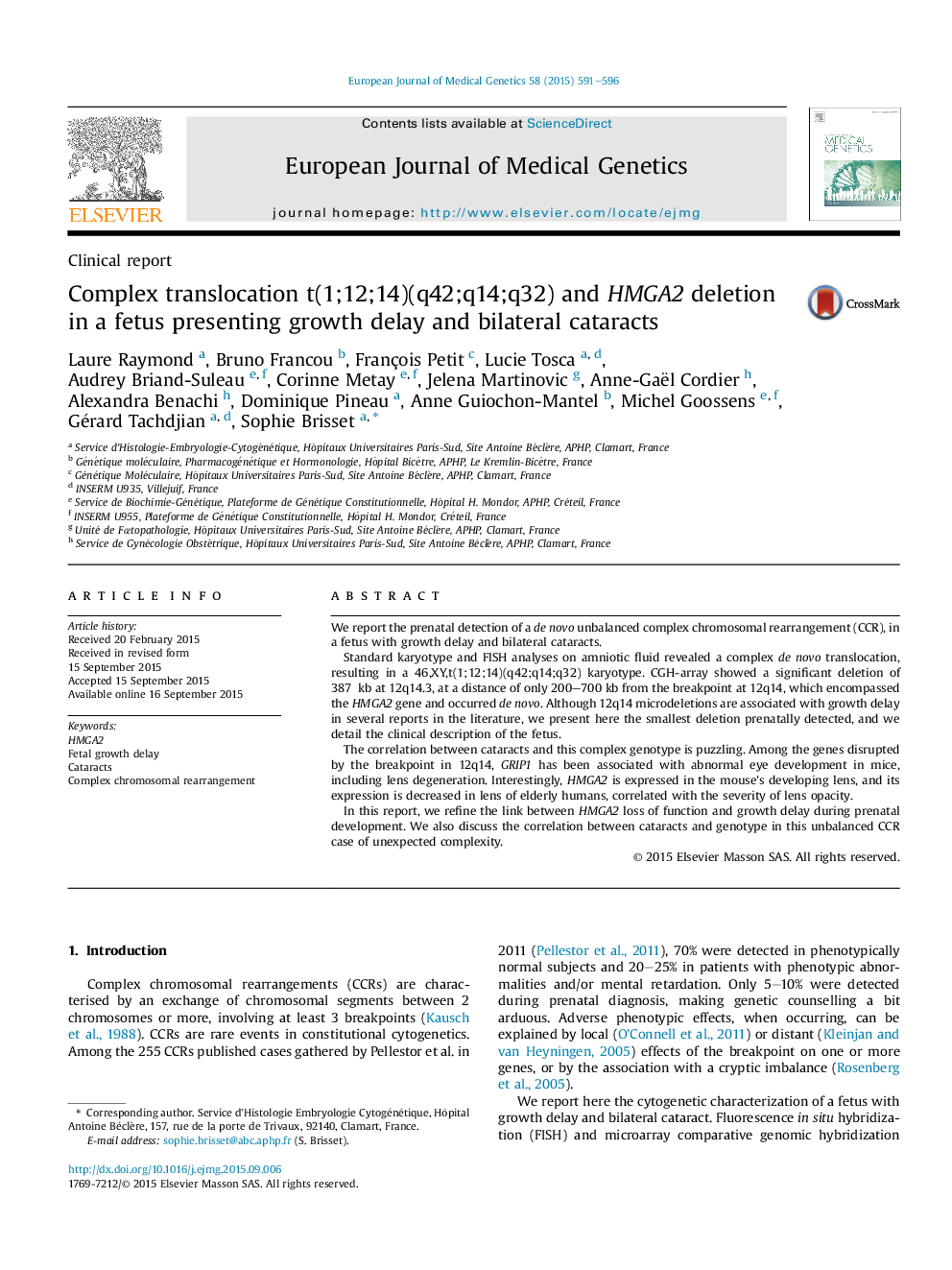 Complex translocation t(1;12;14)(q42;q14;q32) and HMGA2 deletion in a fetus presenting growth delay and bilateral cataracts