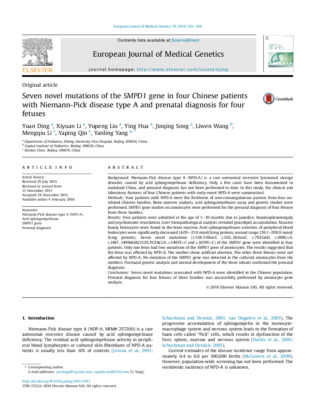 Seven novel mutations of the SMPD1 gene in four Chinese patients with Niemann-Pick disease type A and prenatal diagnosis for four fetuses