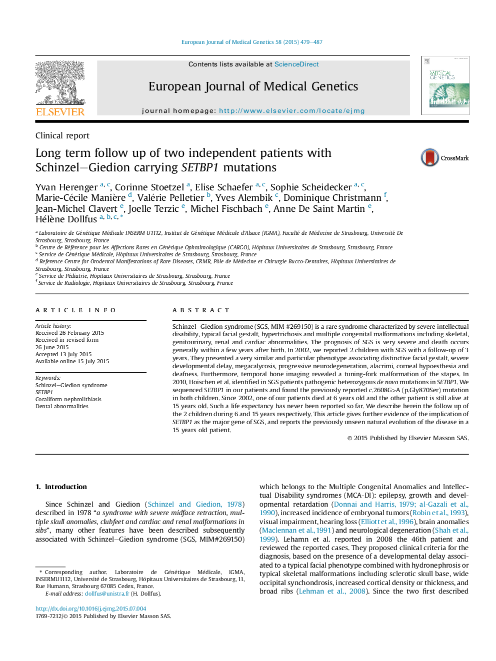 Long term follow up of two independent patients with Schinzel–Giedion carrying SETBP1 mutations