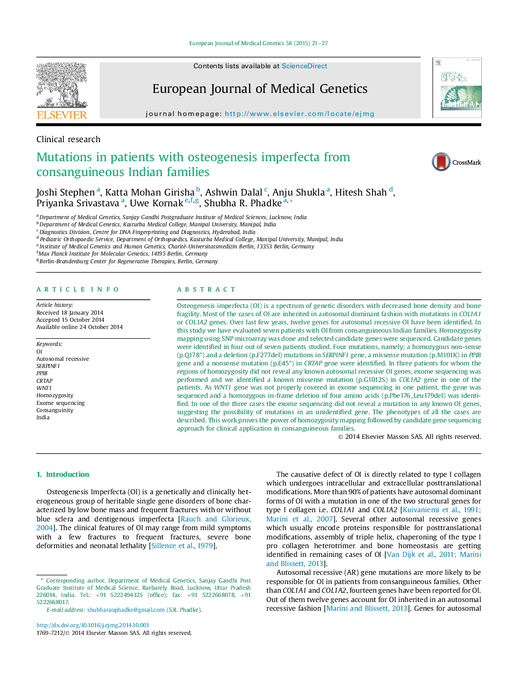 Mutations in patients with osteogenesis imperfecta from consanguineous Indian families