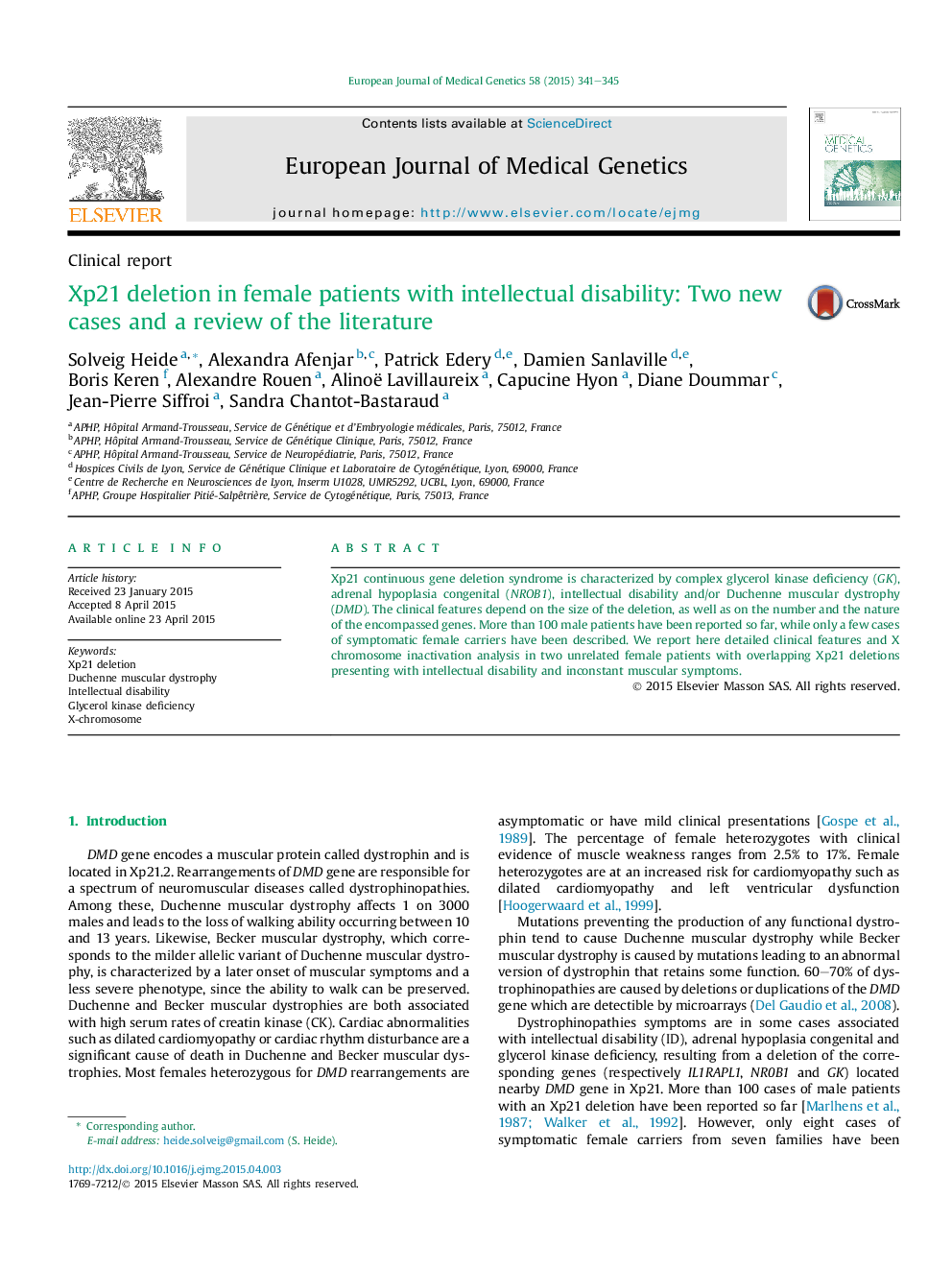 Xp21 deletion in female patients with intellectual disability: Two new cases and a review of the literature