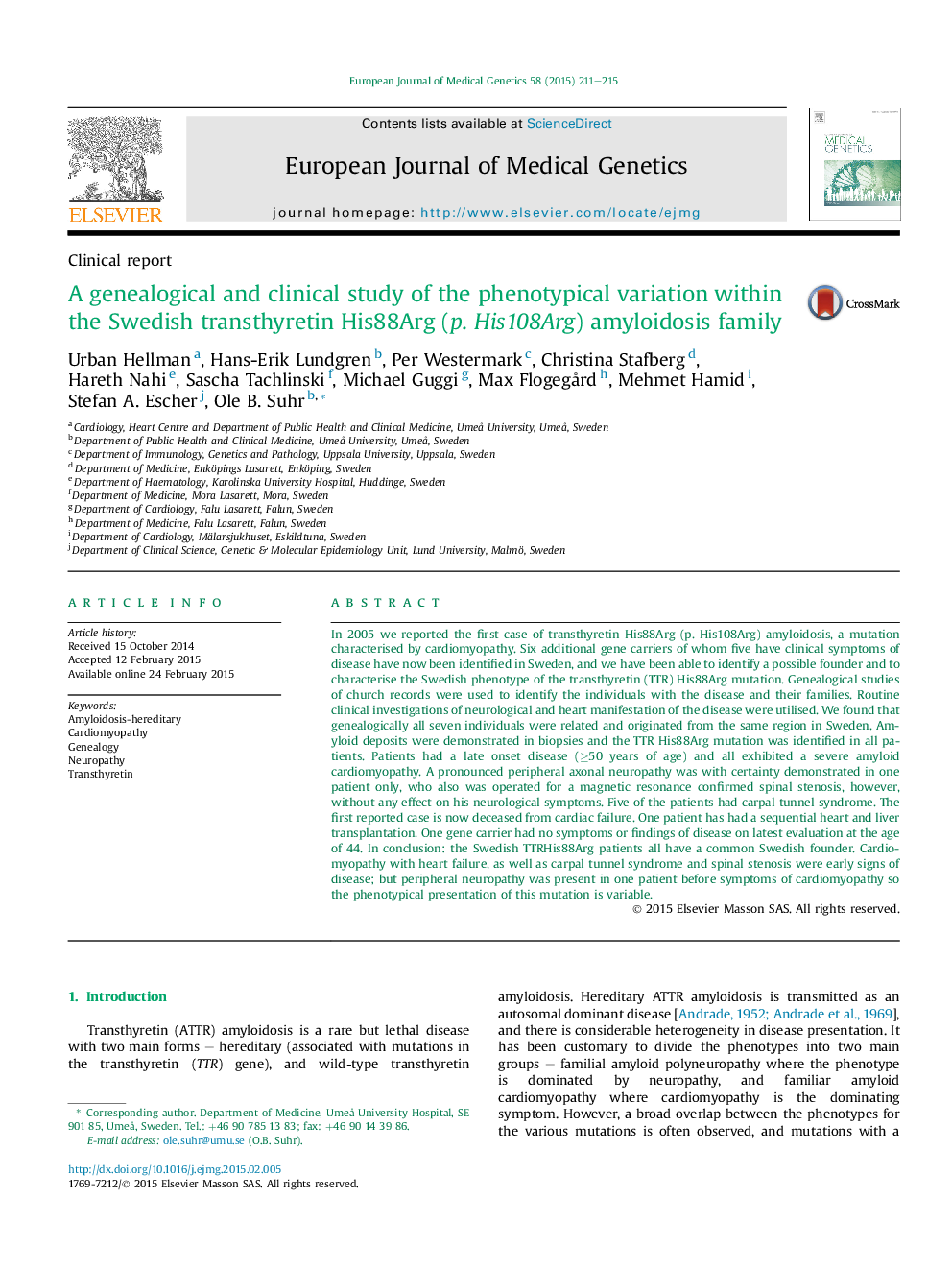 A genealogical and clinical study of the phenotypical variation within the Swedish transthyretin His88Arg (p. His108Arg) amyloidosis family