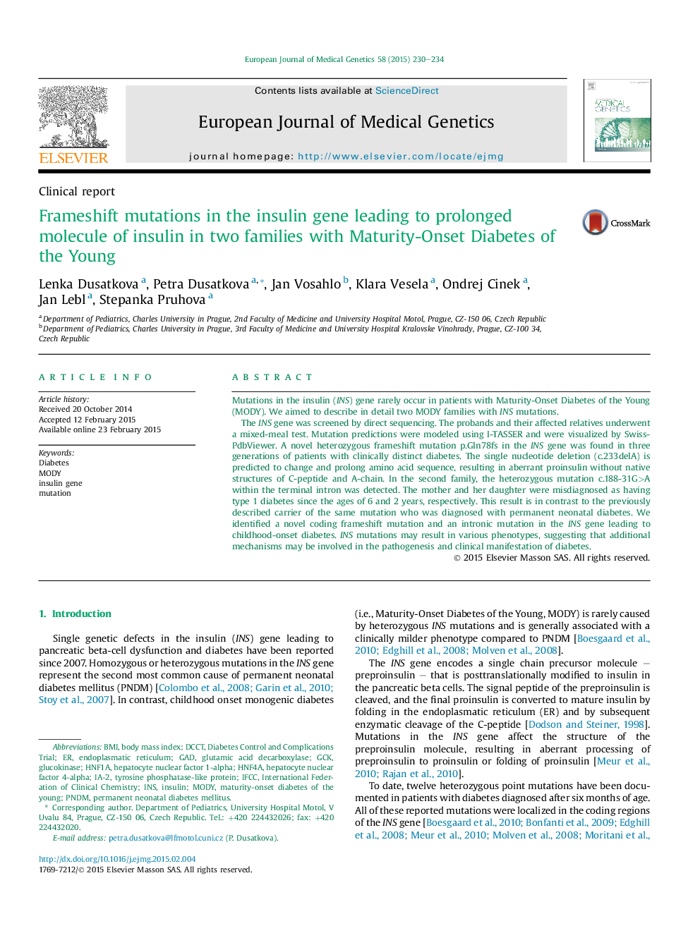 Frameshift mutations in the insulin gene leading to prolonged molecule of insulin in two families with Maturity-Onset Diabetes of the Young