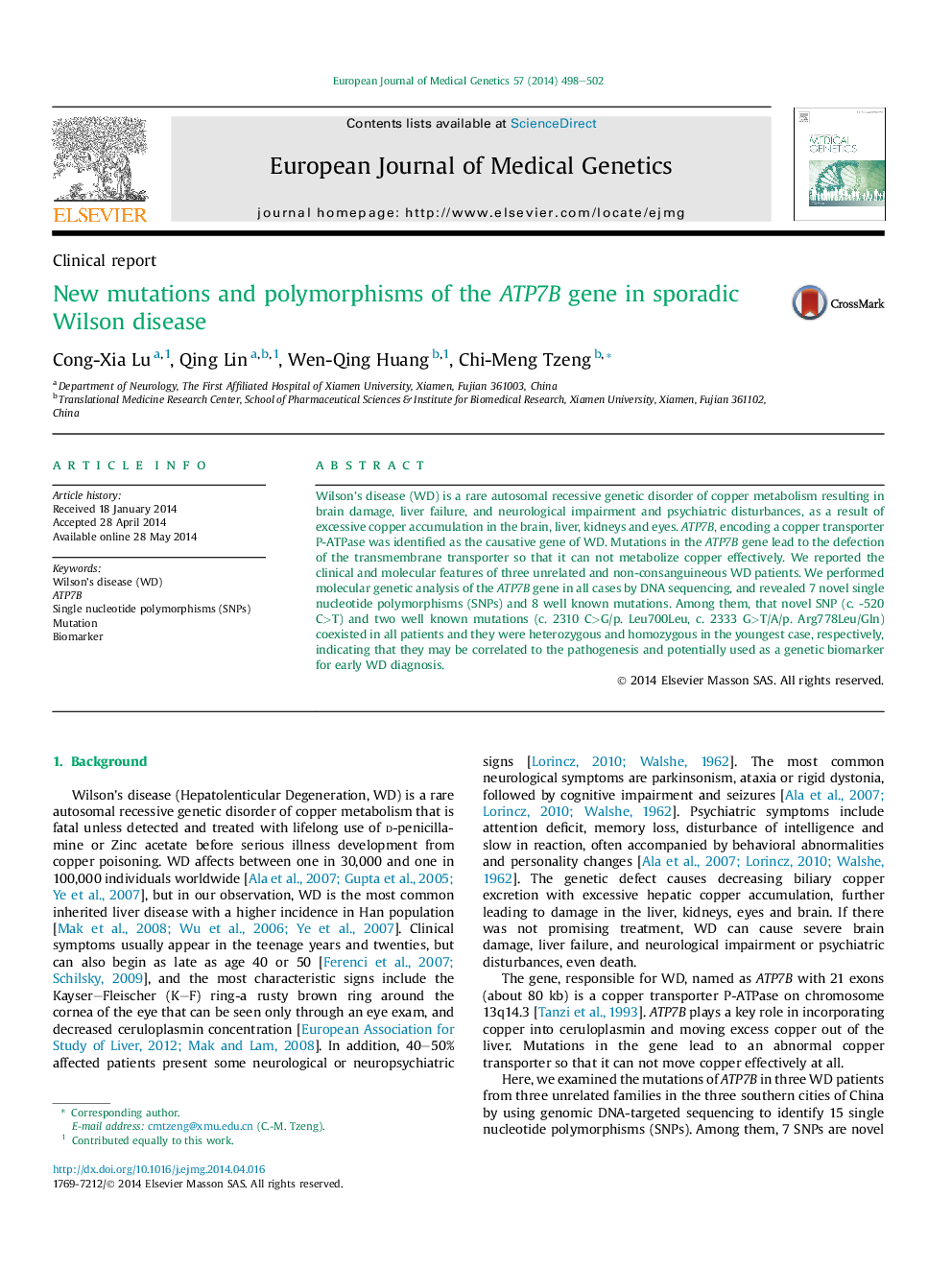 عکس صفحه اول مقاله: New mutations and polymorphisms of the ATP7B gene in sporadic Wilson disease New mutations and polymorphisms of the ATP7B gene in sporadic Wilson disease