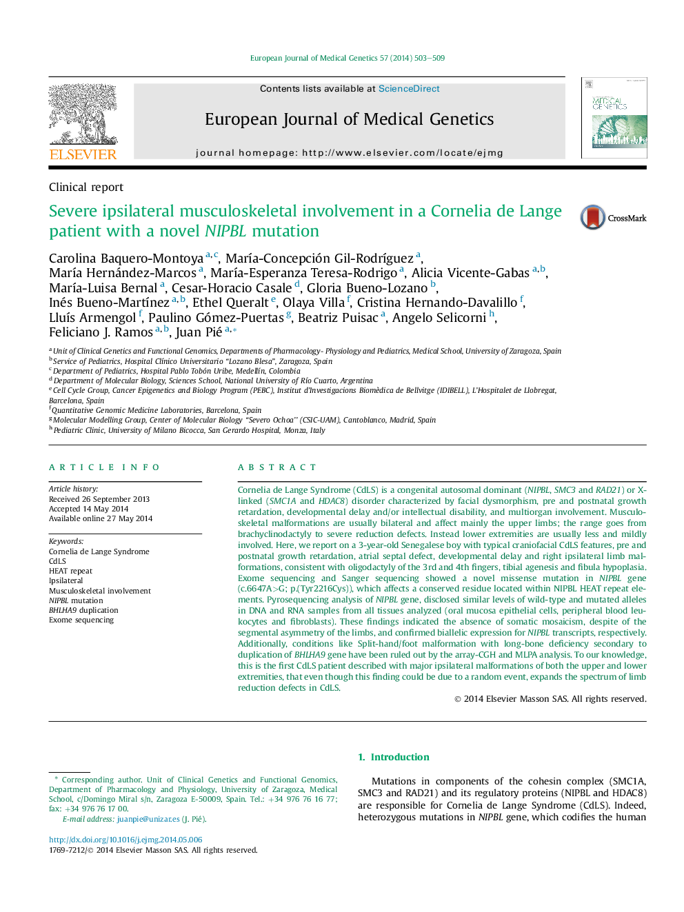 Severe ipsilateral musculoskeletal involvement in a Cornelia de Lange patient with a novel NIPBL mutation