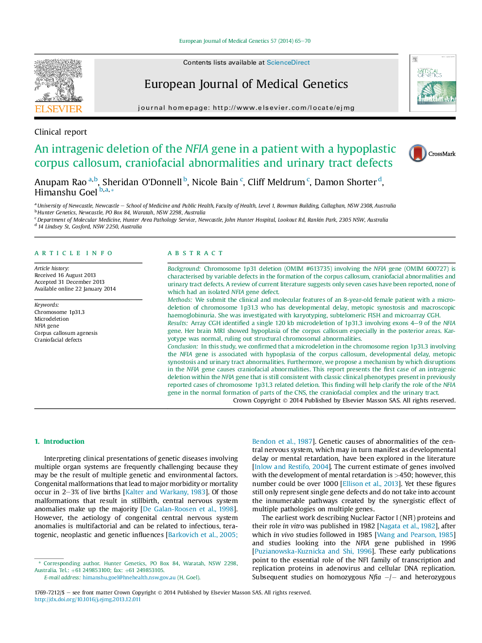 An intragenic deletion of the NFIA gene in a patient with a hypoplastic corpus callosum, craniofacial abnormalities and urinary tract defects