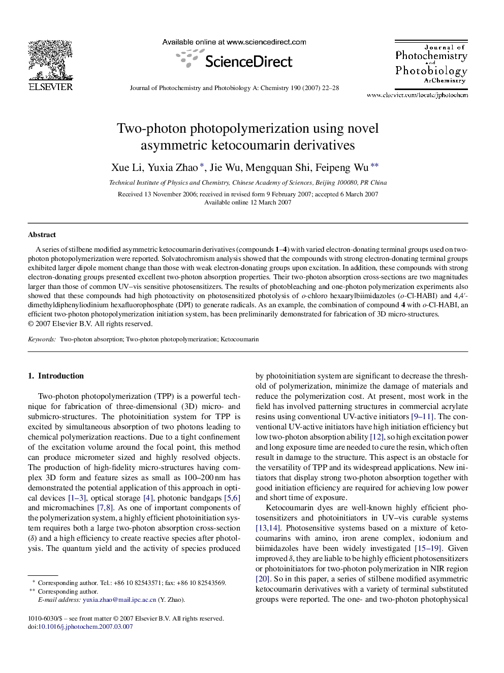 Two-photon photopolymerization using novel asymmetric ketocoumarin derivatives