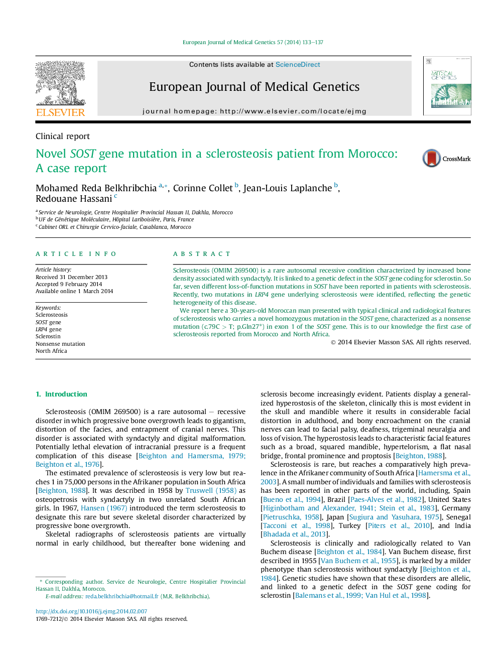 Novel SOST gene mutation in a sclerosteosis patient from Morocco: A case report