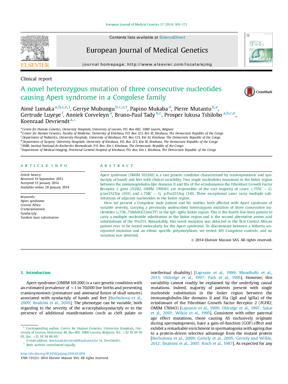 A novel heterozygous mutation of three consecutive nucleotides causing Apert syndrome in a Congolese family