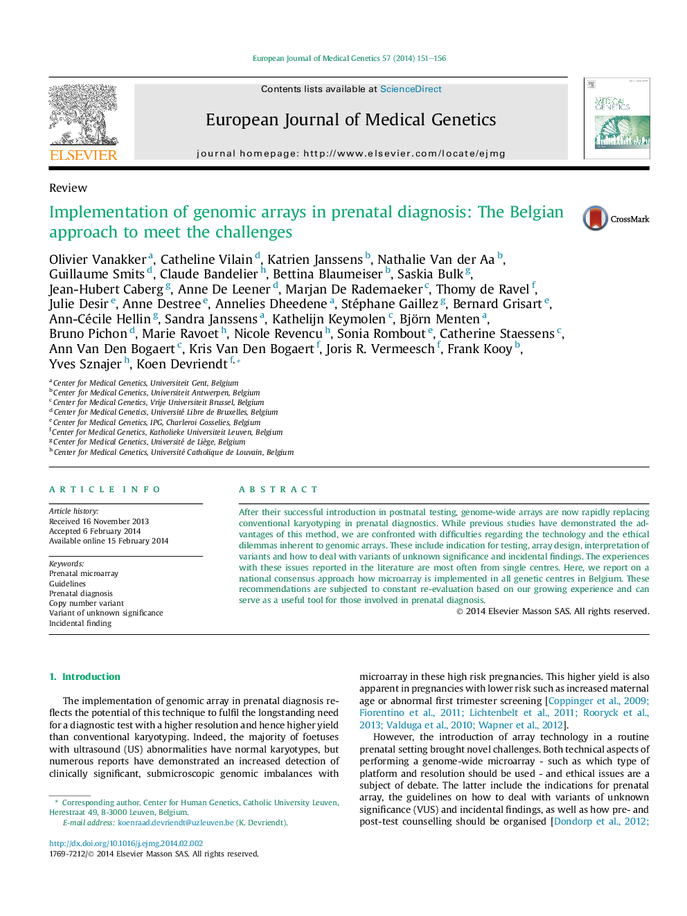 Implementation of genomic arrays in prenatal diagnosis: The Belgian approach to meet the challenges