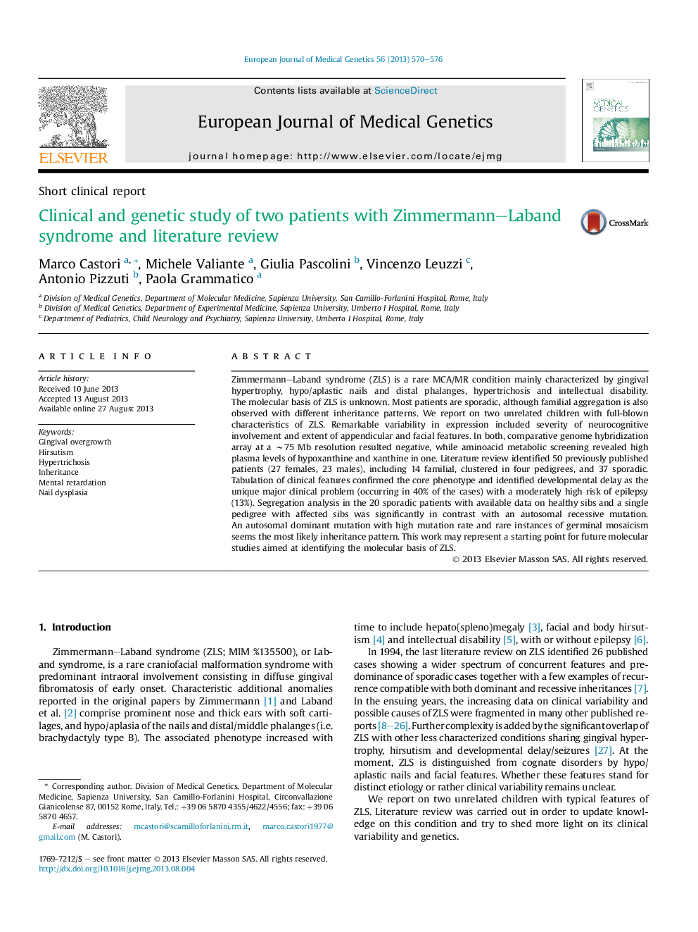 Clinical and genetic study of two patients with Zimmermann–Laband syndrome and literature review