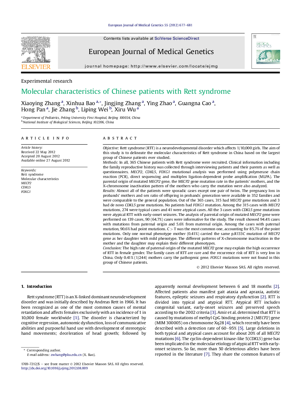 Molecular characteristics of Chinese patients with Rett syndrome