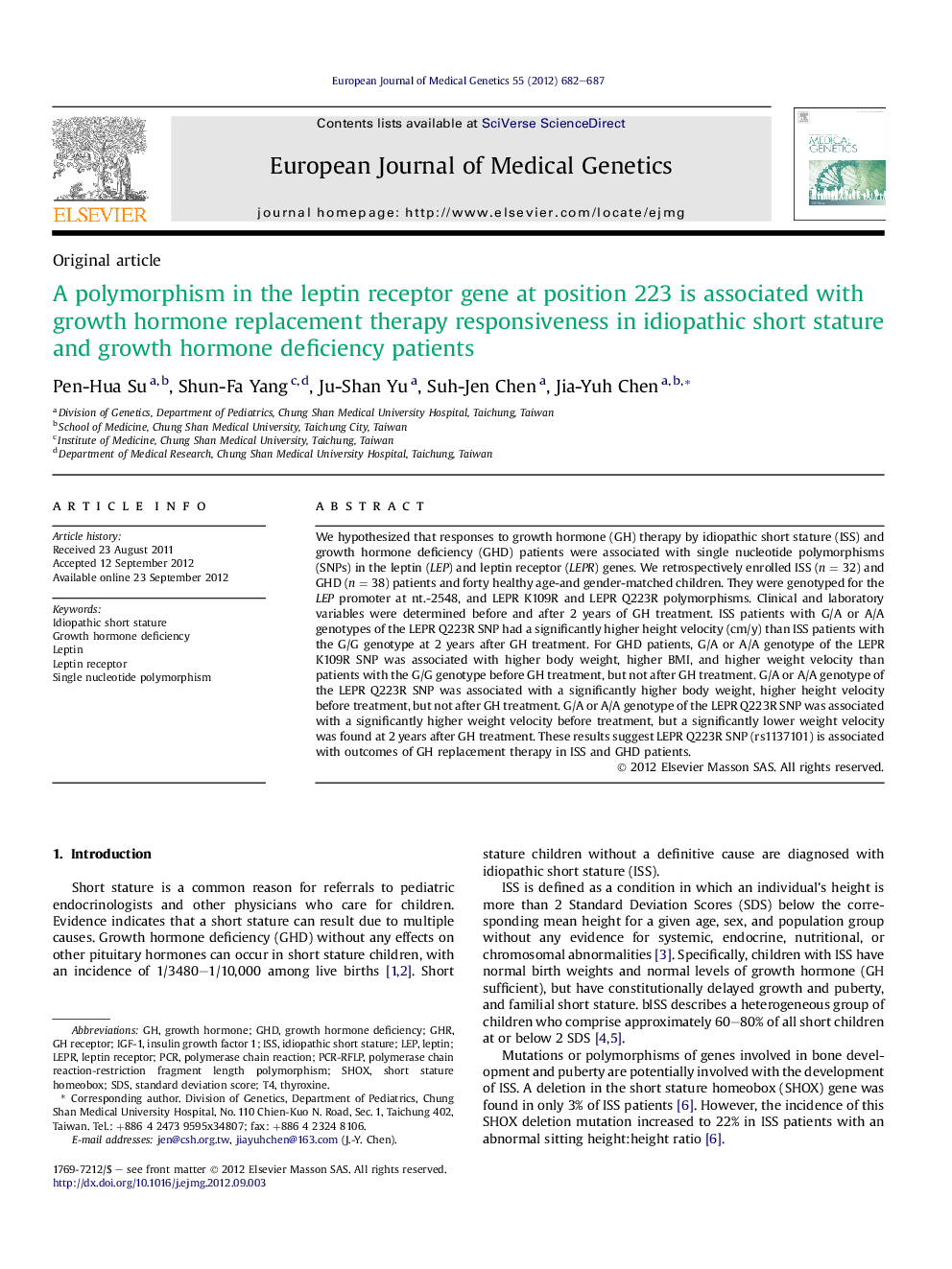 A polymorphism in the leptin receptor gene at position 223 is associated with growth hormone replacement therapy responsiveness in idiopathic short stature and growth hormone deficiency patients