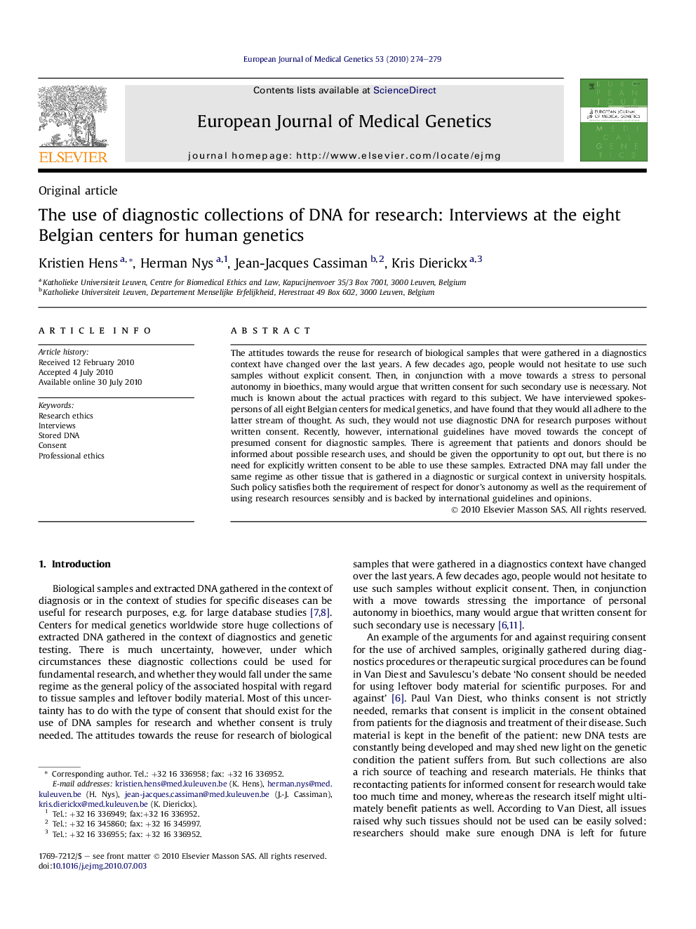 The use of diagnostic collections of DNA for research: Interviews at the eight Belgian centers for human genetics