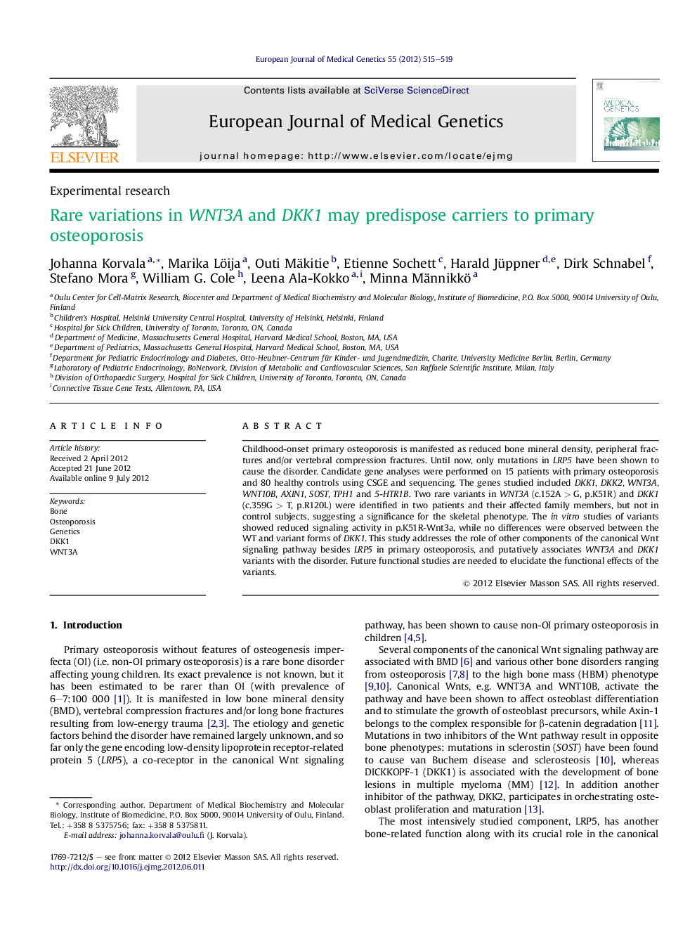 Rare variations in WNT3A and DKK1 may predispose carriers to primary osteoporosis