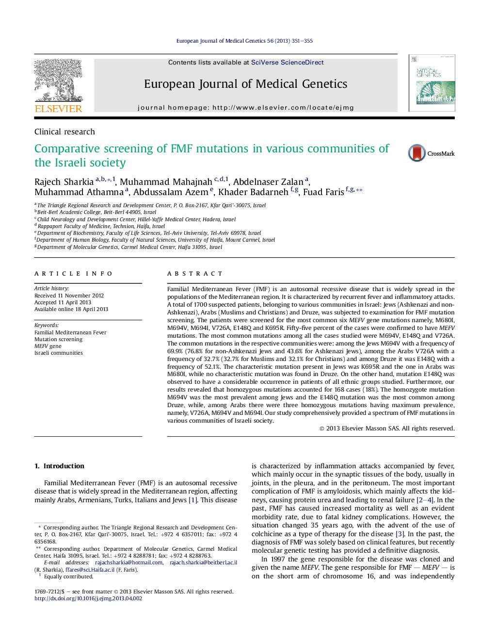 Comparative screening of FMF mutations in various communities of the Israeli society