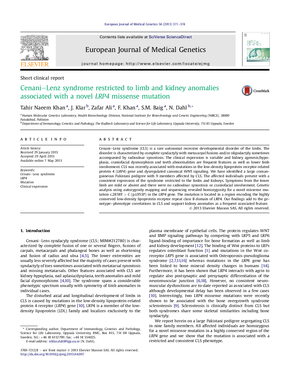 Cenani–Lenz syndrome restricted to limb and kidney anomalies associated with a novel LRP4 missense mutation