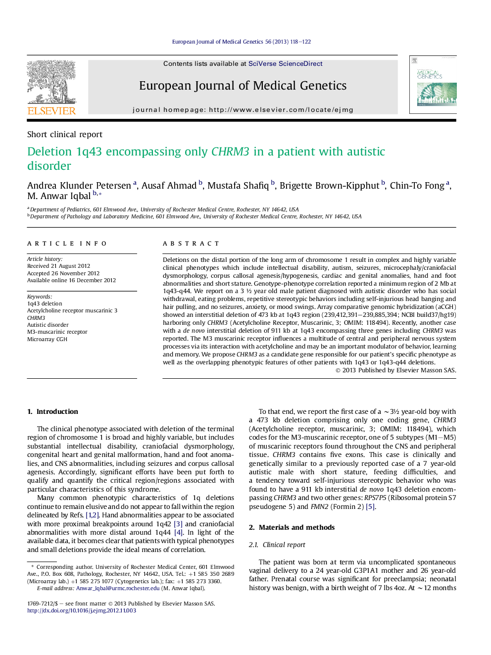 Deletion 1q43 encompassing only CHRM3 in a patient with autistic disorder