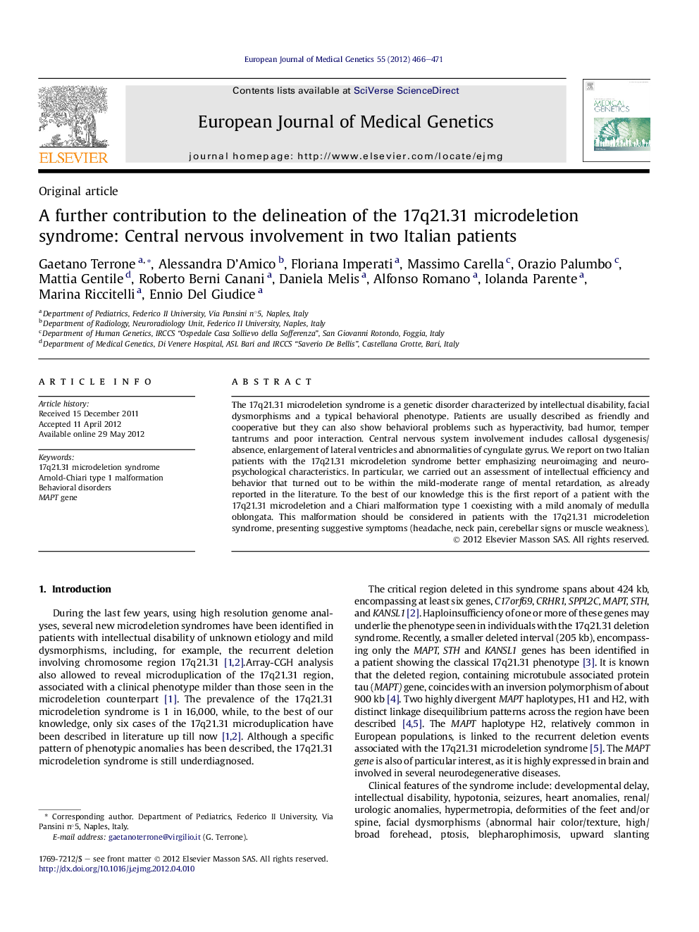 A further contribution to the delineation of the 17q21.31 microdeletion syndrome: Central nervous involvement in two Italian patients